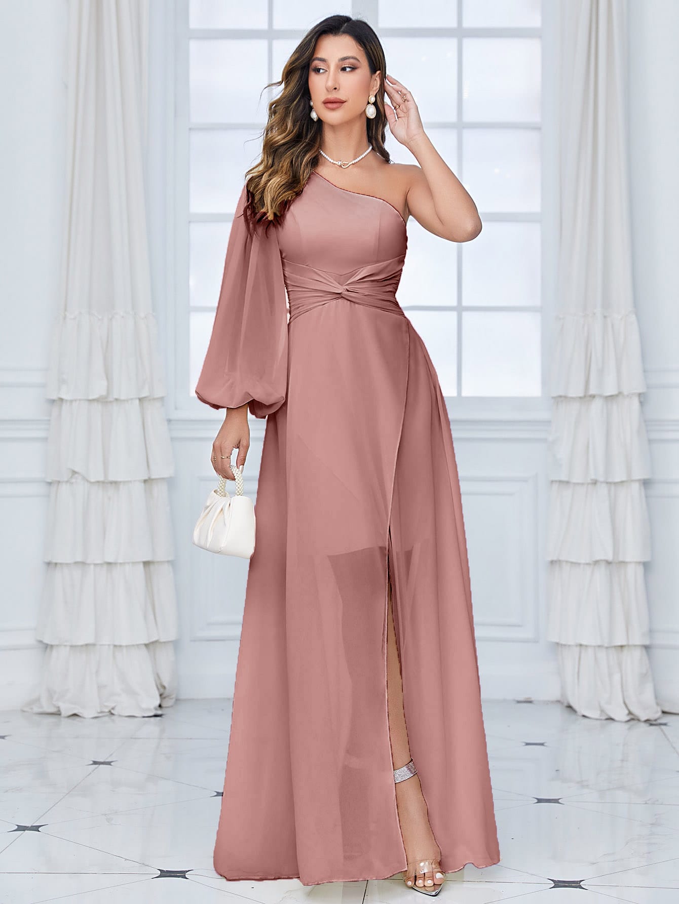 One Shoulder Lantern Sleeve Twist Front Split Thigh Chiffon Bridesmaid Dress