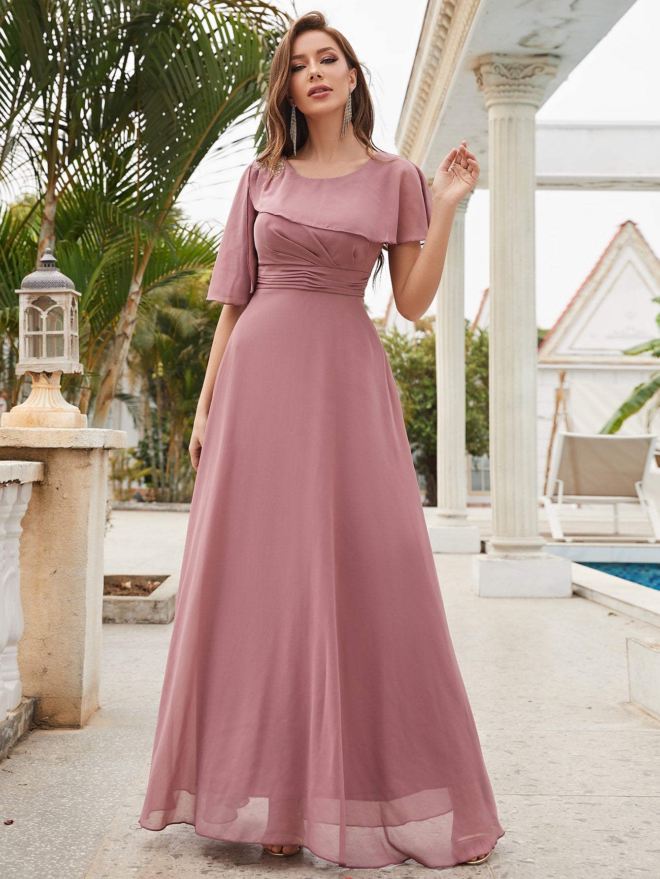 Ruched Ruffle Trim Chiffon Bridesmaid Dress