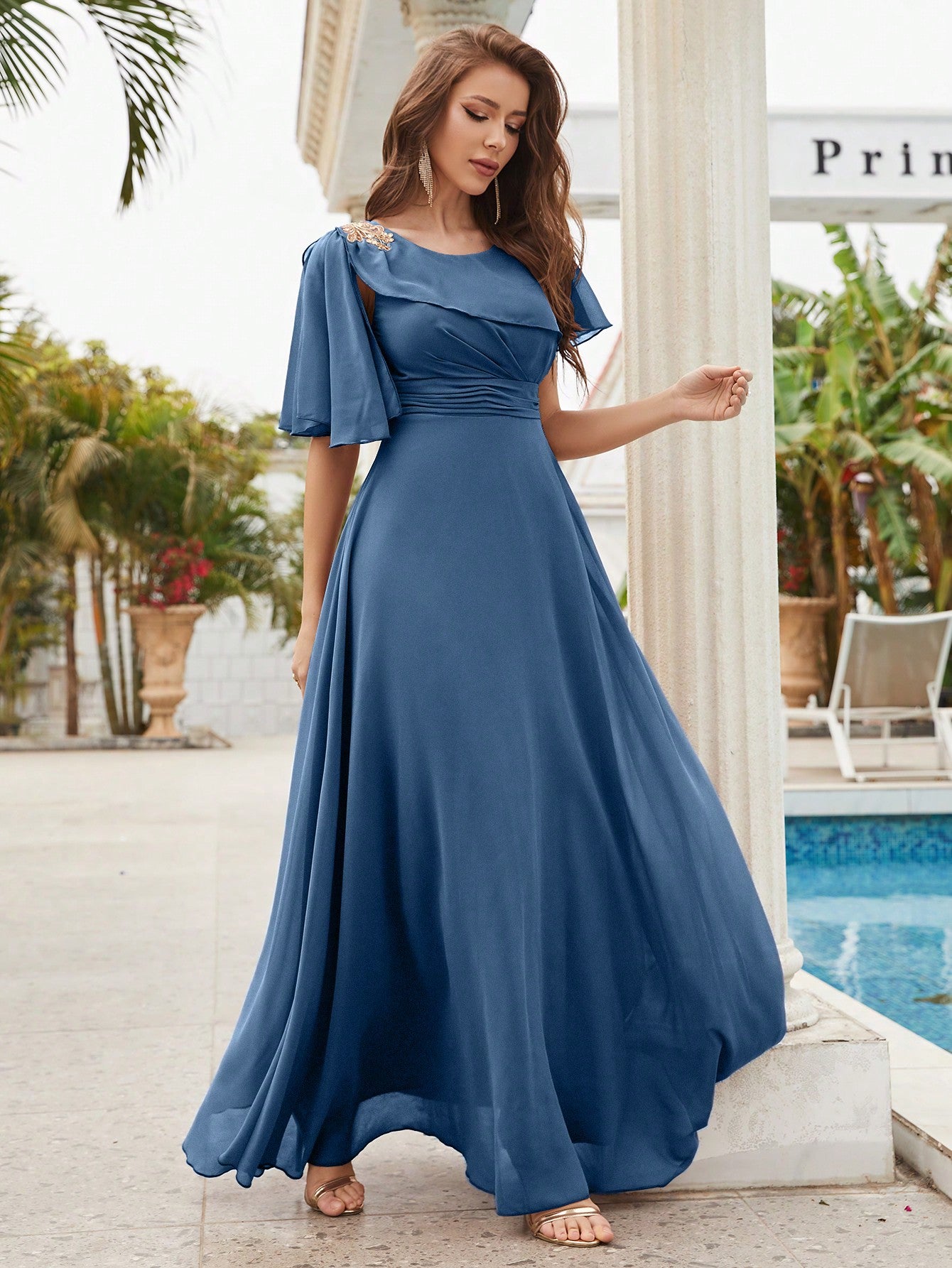 Ruched Ruffle Trim Chiffon Bridesmaid Dress