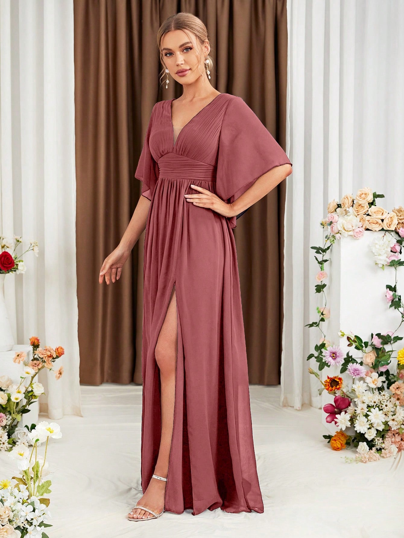 Butterfly Sleeve Popover Split Thigh Chiffon Bridesmaid Dress