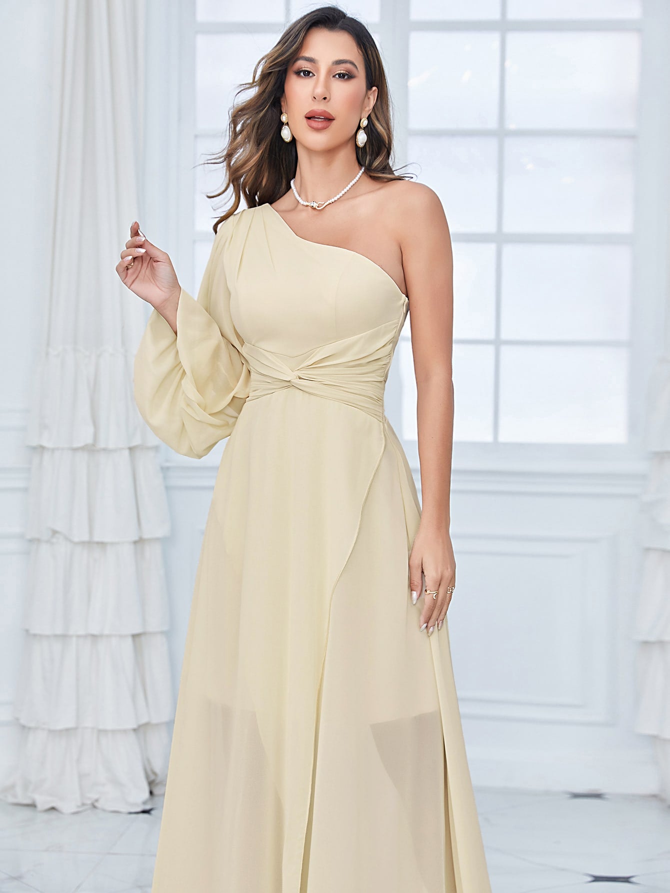 One Shoulder Lantern Sleeve Twist Front Split Thigh Chiffon Bridesmaid Dress