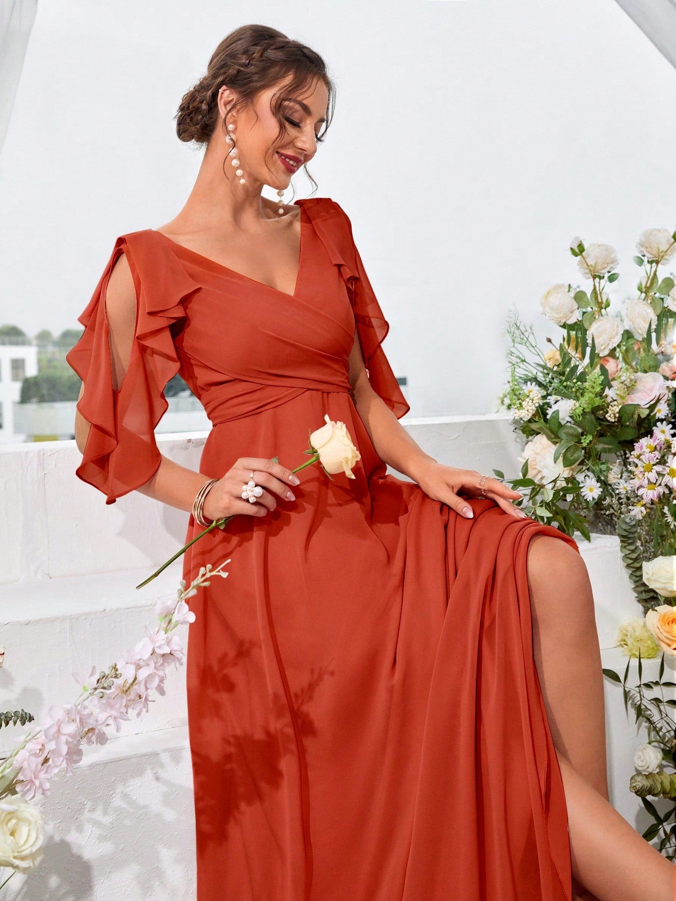 Ruffle Trim Cold Shoulder Tie Back Chiffon Maxi Bridesmaid Dress