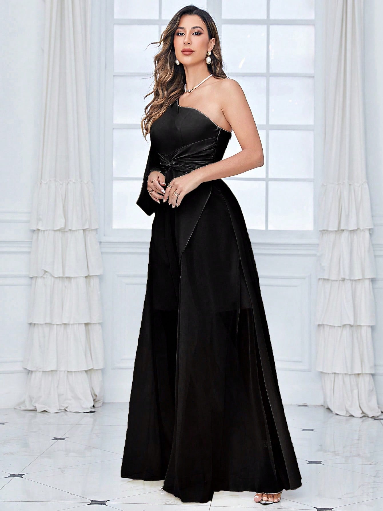 One Shoulder Lantern Sleeve Twist Front Split Thigh Chiffon Bridesmaid Dress