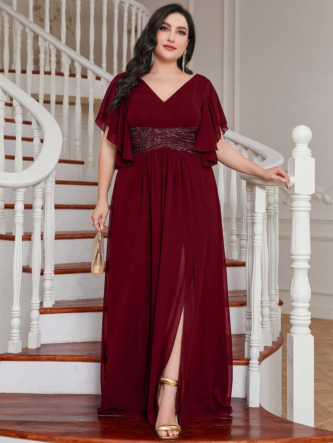 LUNE Plus Contrast Sequin Butterfly Sleeve Split Thigh Chiffon Bridesmaid Dress
