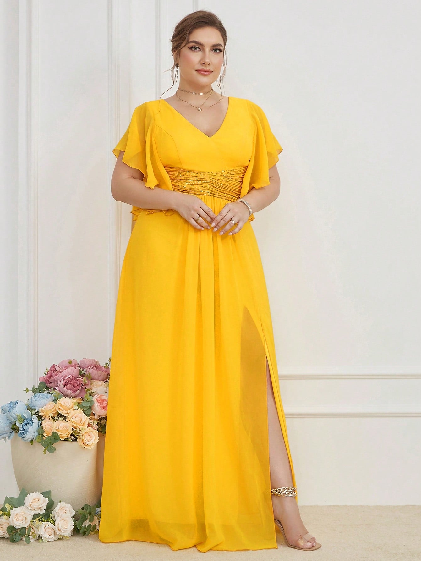 LUNE Plus Contrast Sequin Butterfly Sleeve Split Thigh Chiffon Bridesmaid Dress