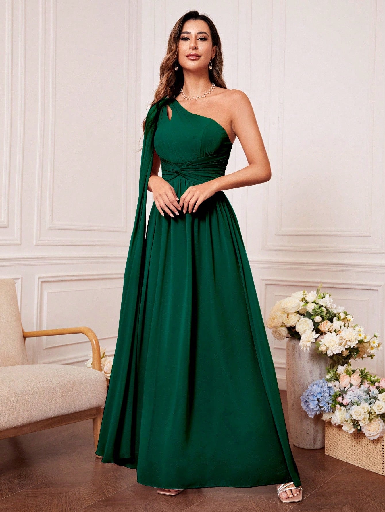 One Shoulder Cut Out Twist Front Bridesmaid Dress