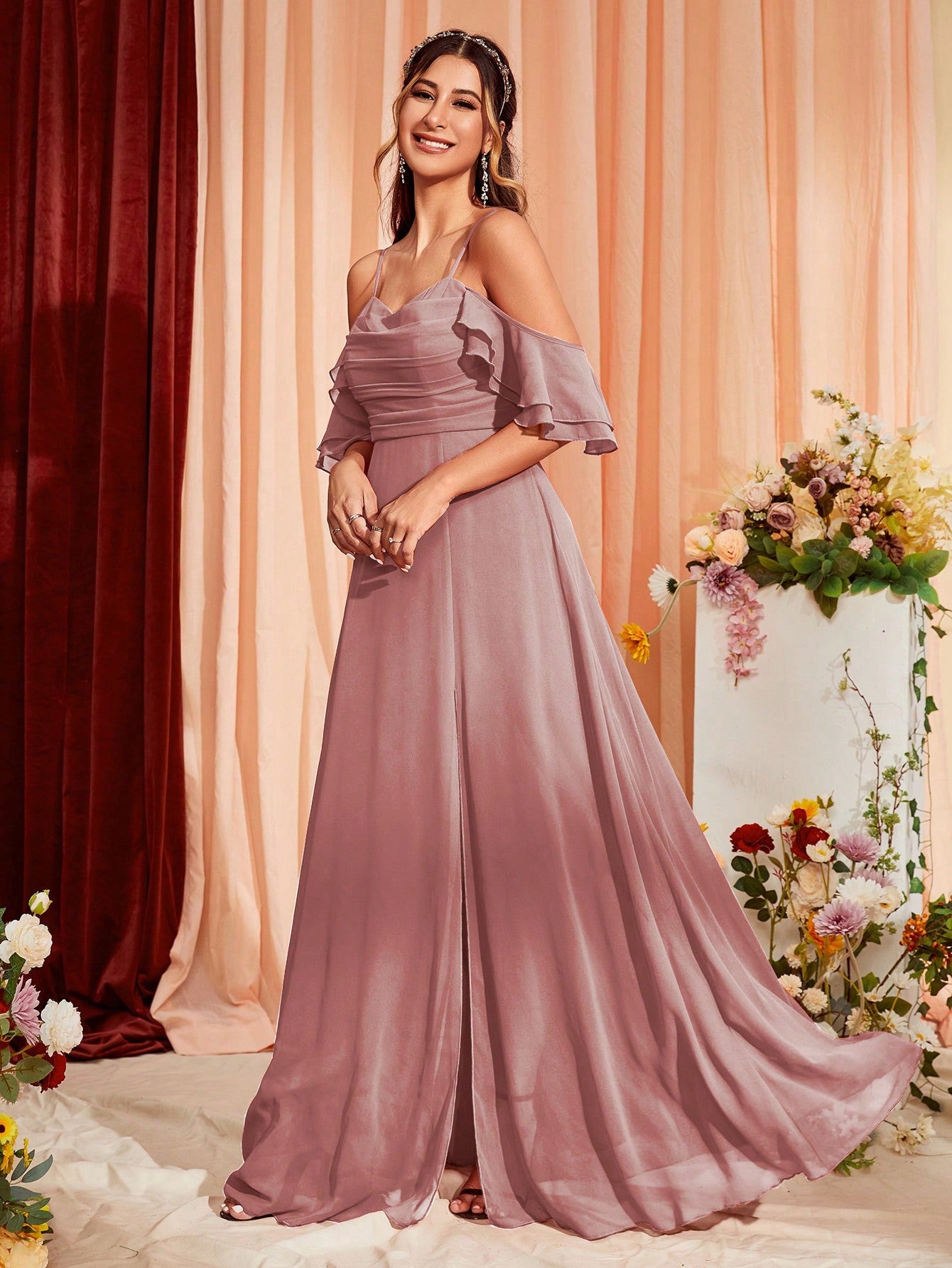 Cold Shoulder Ruched Split Thigh Chiffon Bridesmaid Dress