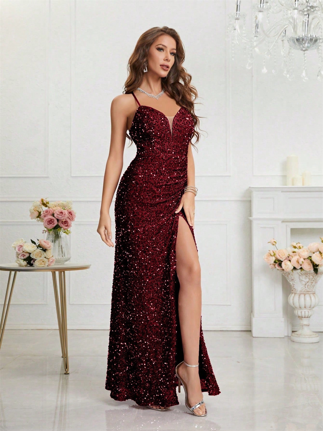 LUNE Split Thigh Sequin Formal Dress