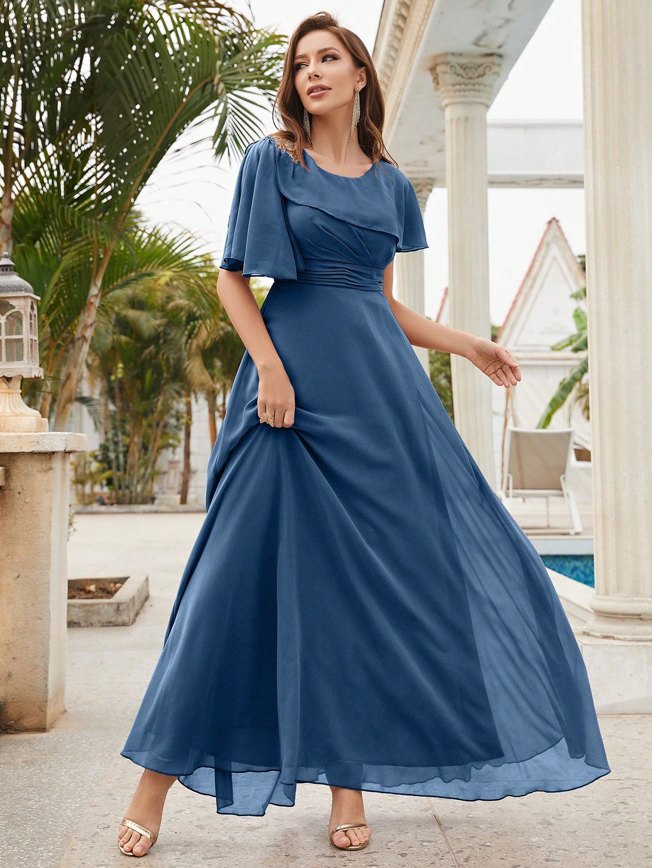 Ruched Ruffle Trim Chiffon Bridesmaid Dress