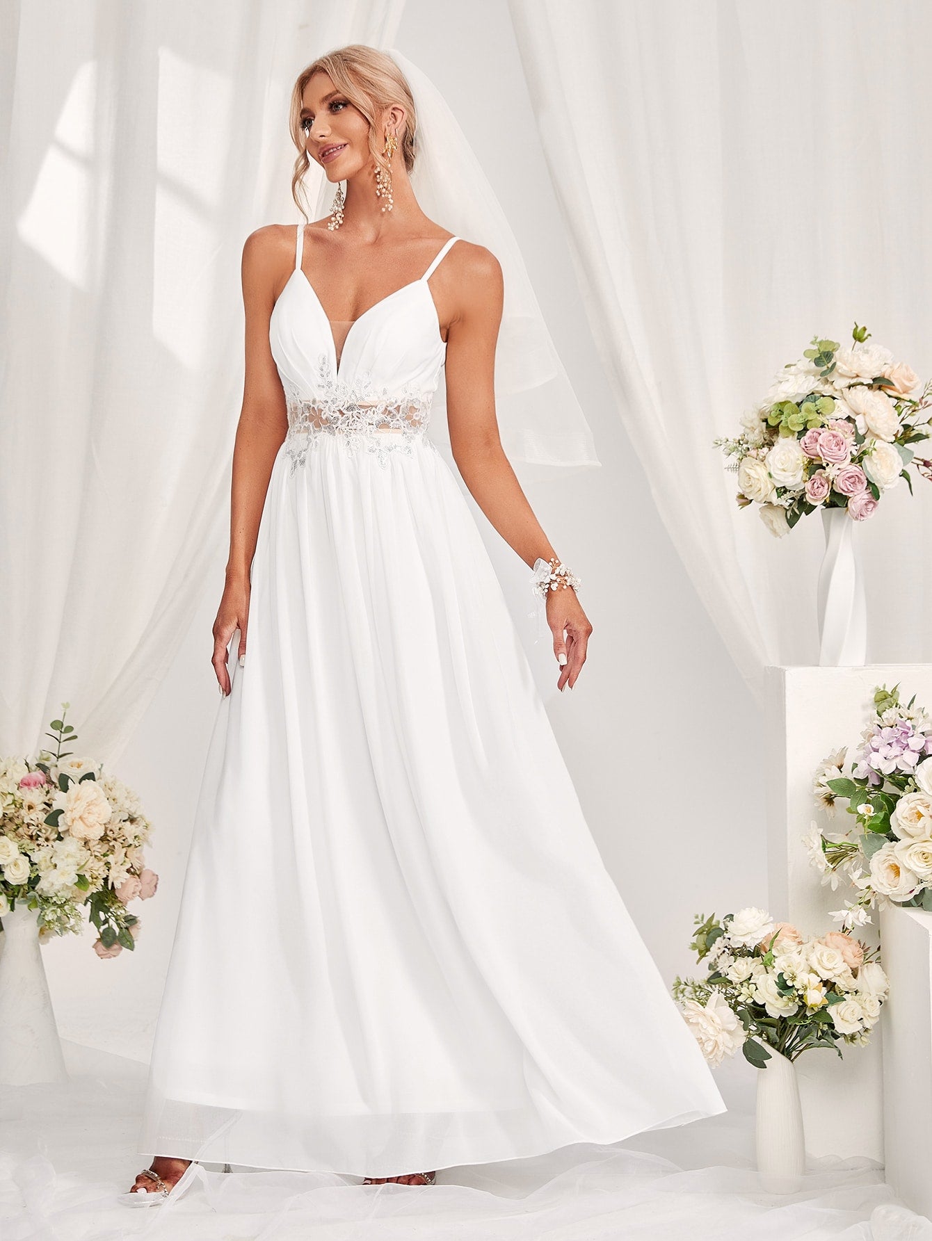 Contrast Lace Zipper Back Cami Wedding Dress