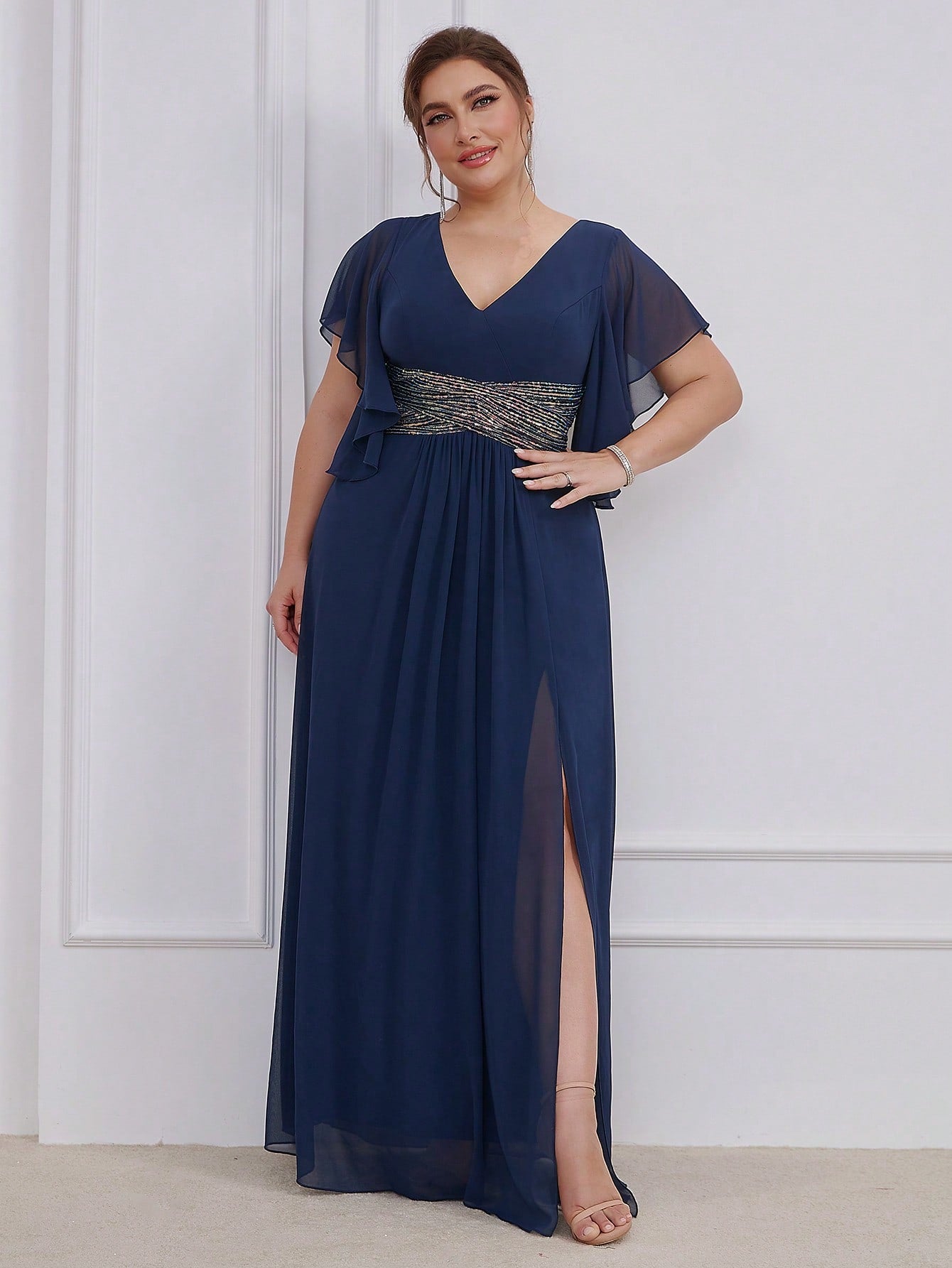 LUNE Plus Contrast Sequin Butterfly Sleeve Split Thigh Chiffon Bridesmaid Dress