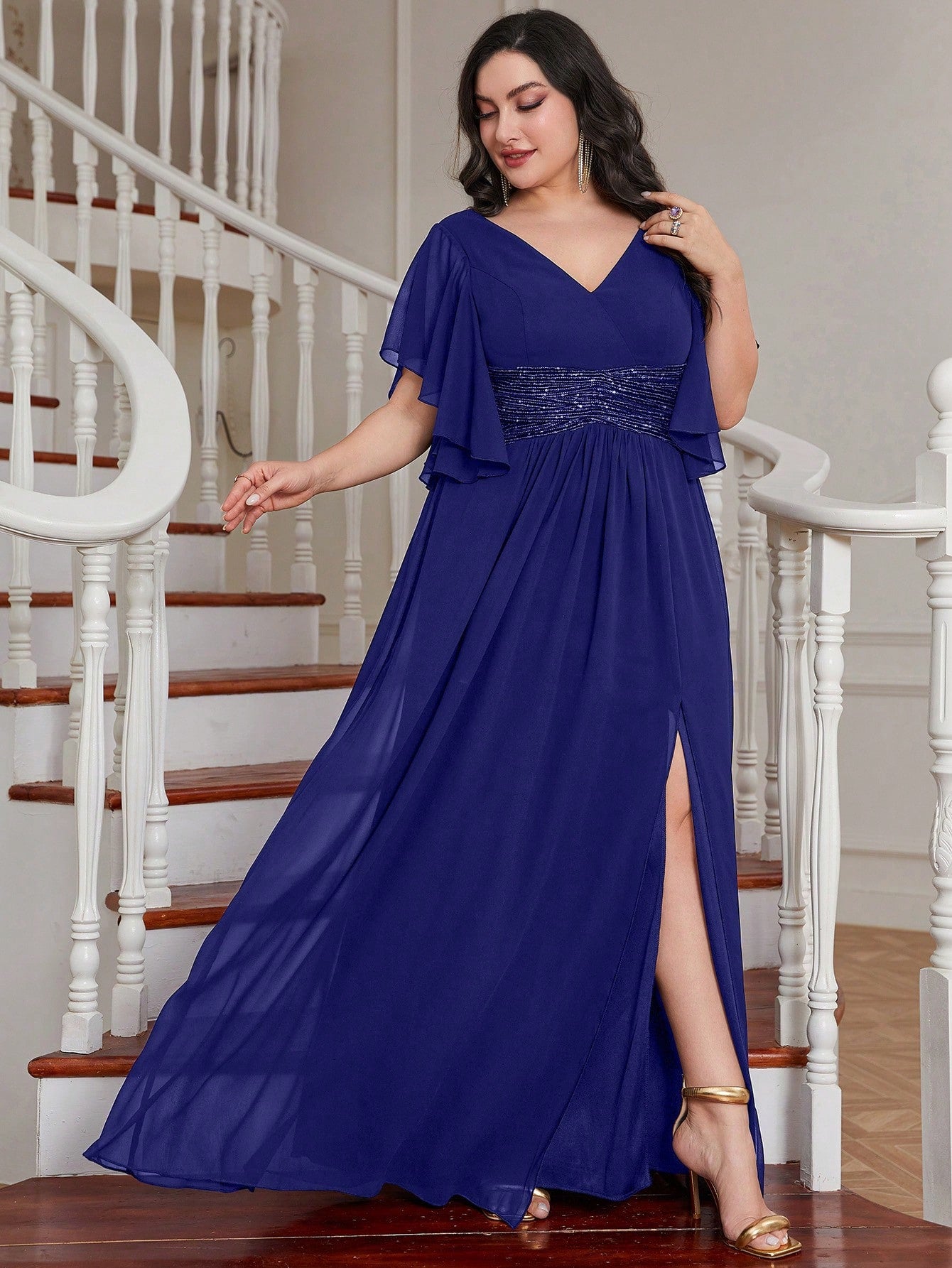 LUNE Plus Contrast Sequin Butterfly Sleeve Split Thigh Chiffon Bridesmaid Dress
