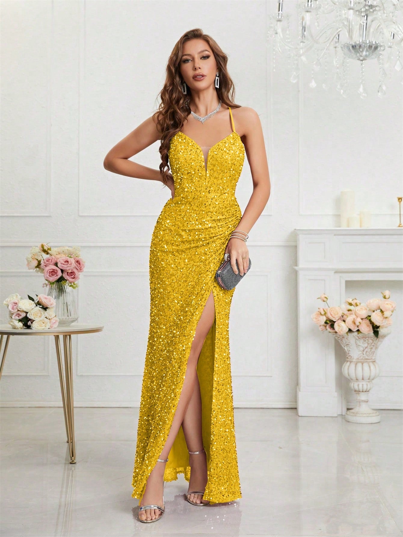 LUNE Split Thigh Sequin Formal Dress