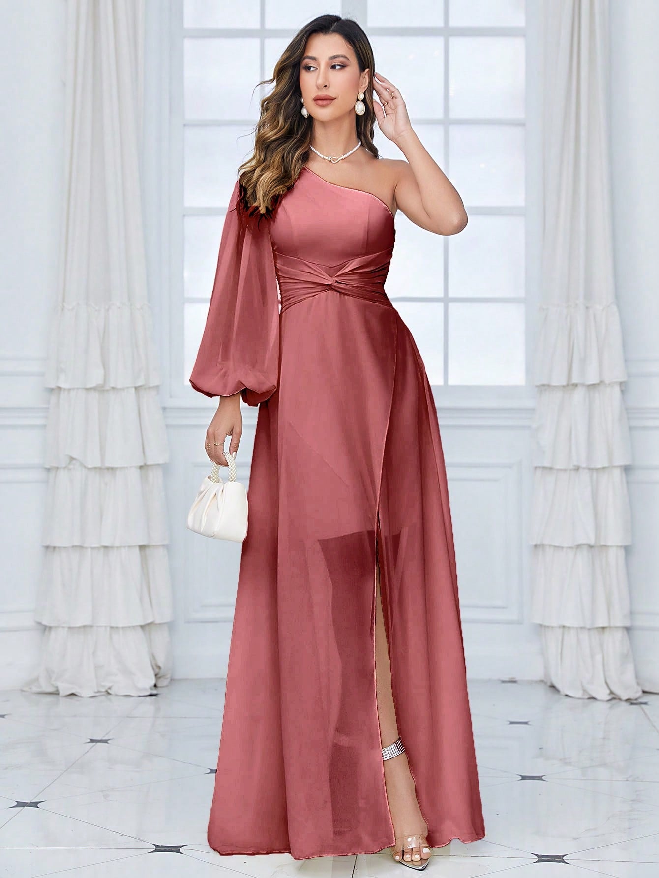 One Shoulder Lantern Sleeve Twist Front Split Thigh Chiffon Bridesmaid Dress