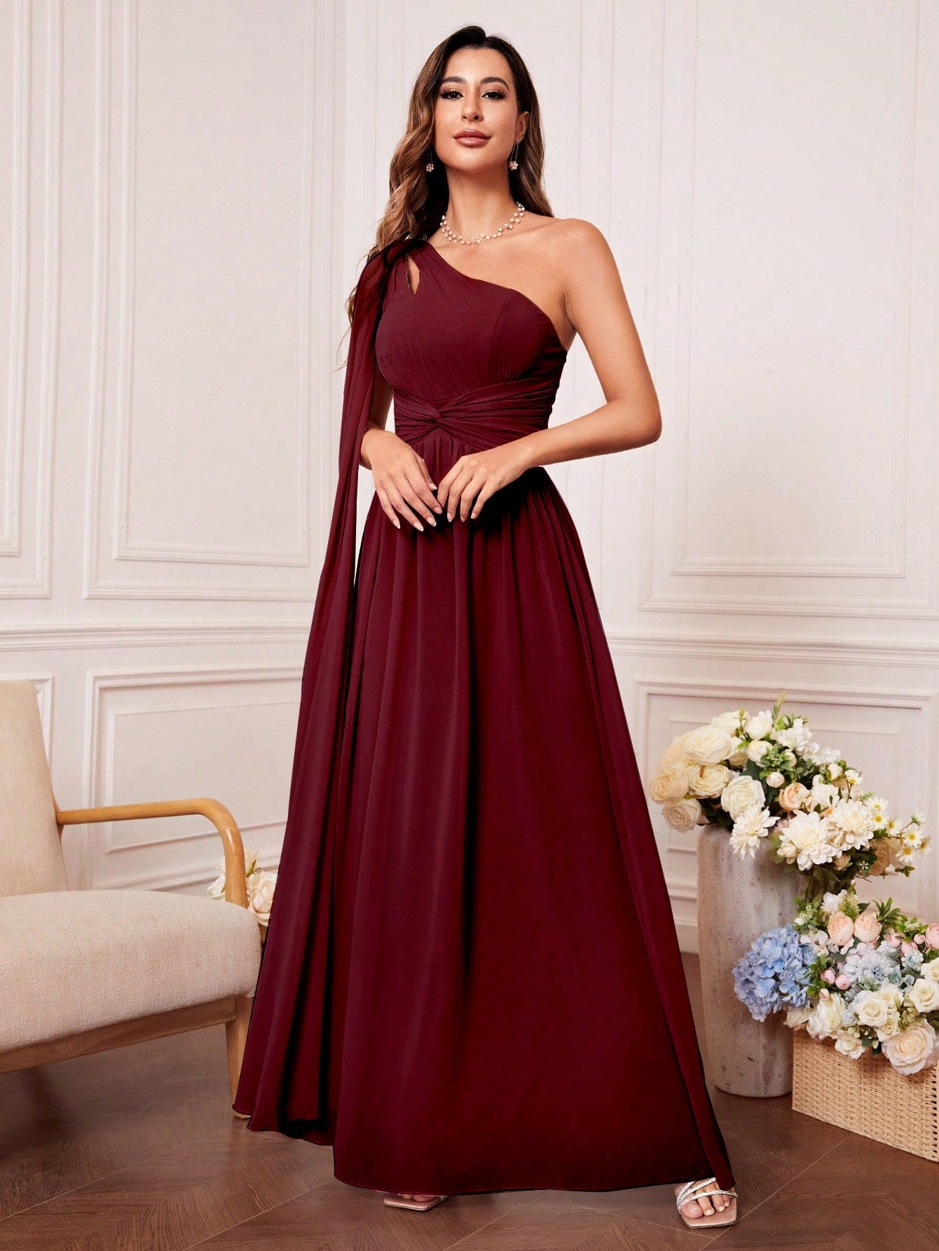 One Shoulder Cut Out Twist Front Bridesmaid Dress