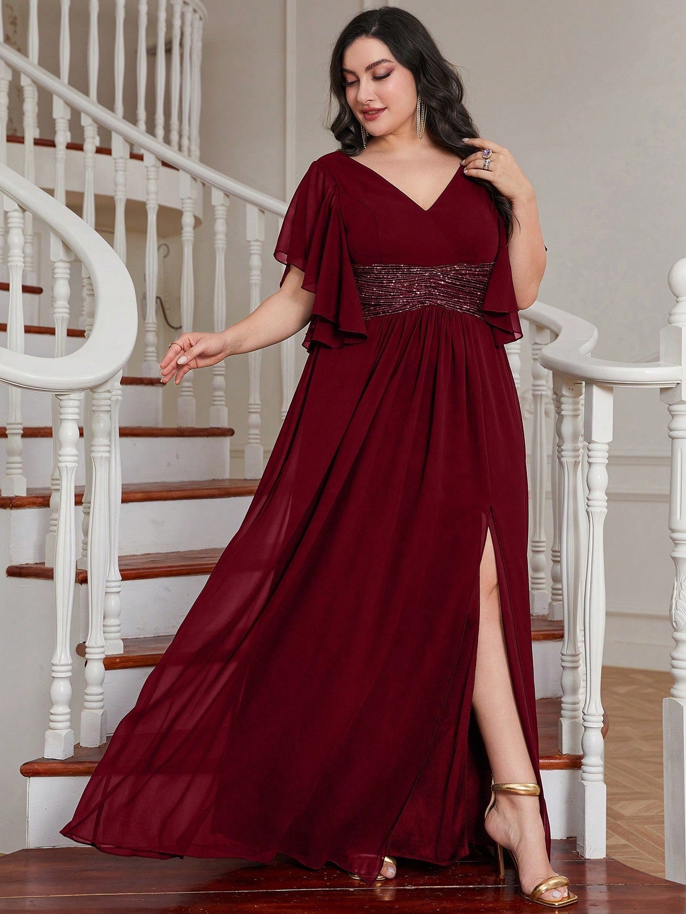 LUNE Plus Contrast Sequin Butterfly Sleeve Split Thigh Chiffon Bridesmaid Dress