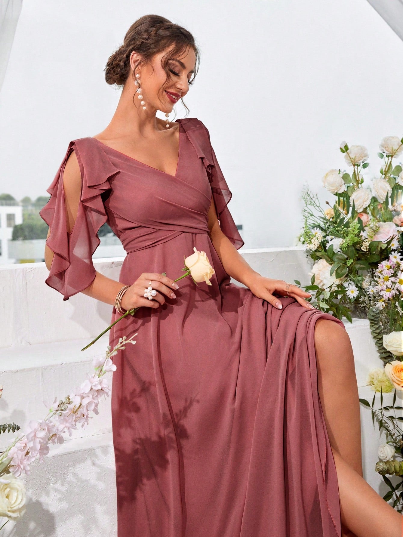 Ruffle Trim Cold Shoulder Tie Back Chiffon Maxi Bridesmaid Dress