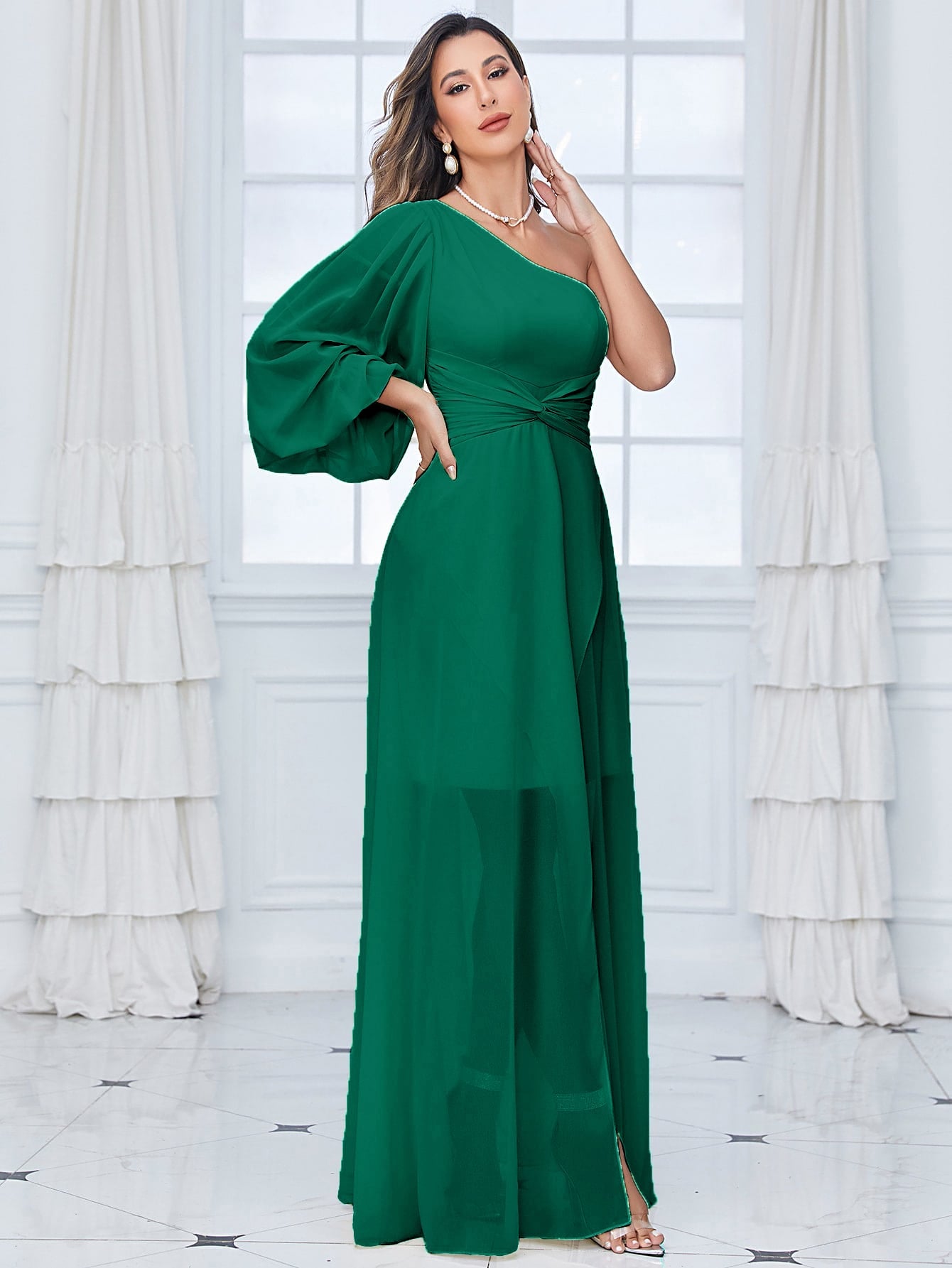 One Shoulder Lantern Sleeve Twist Front Split Thigh Chiffon Bridesmaid Dress
