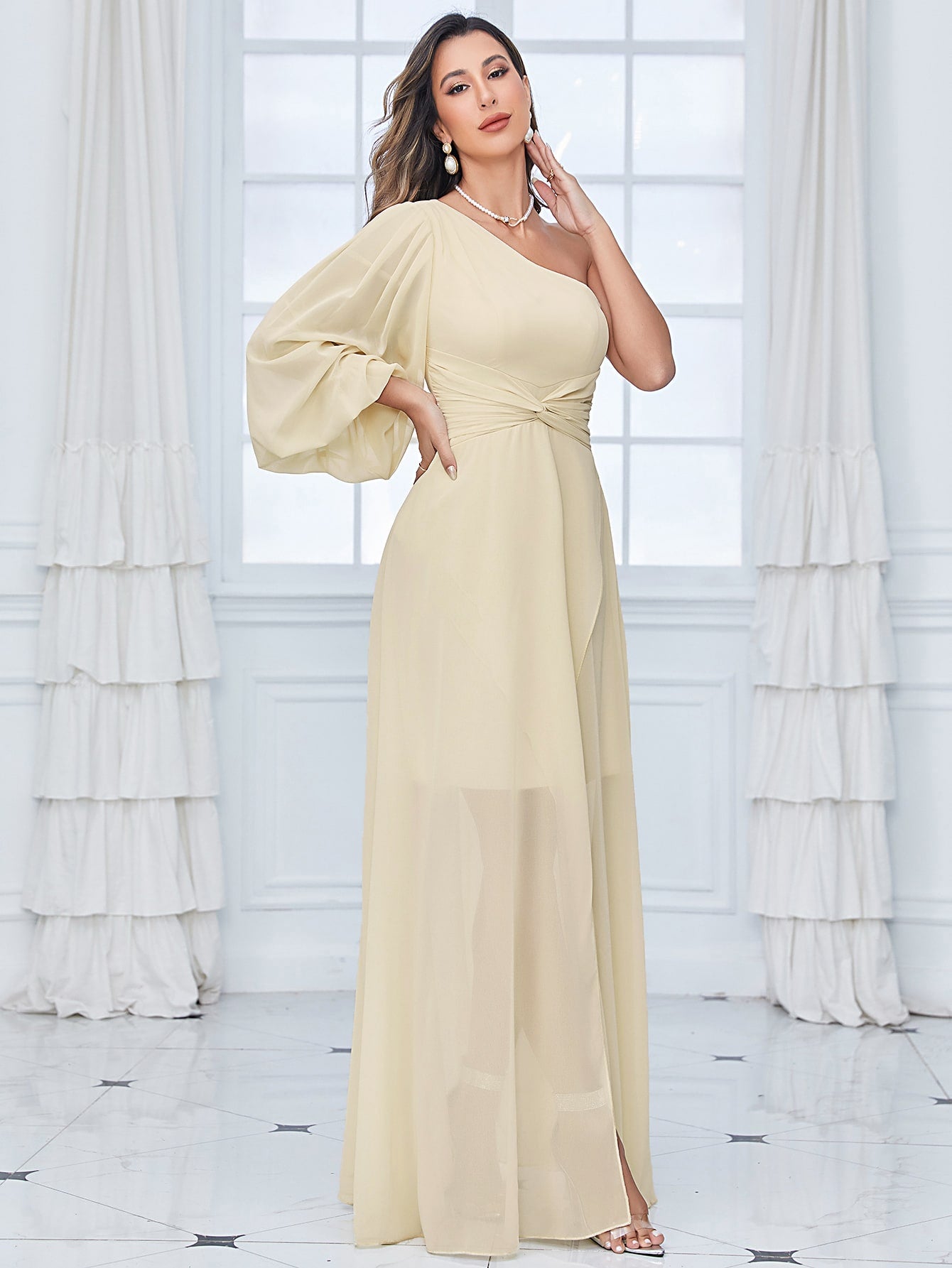 One Shoulder Lantern Sleeve Twist Front Split Thigh Chiffon Bridesmaid Dress