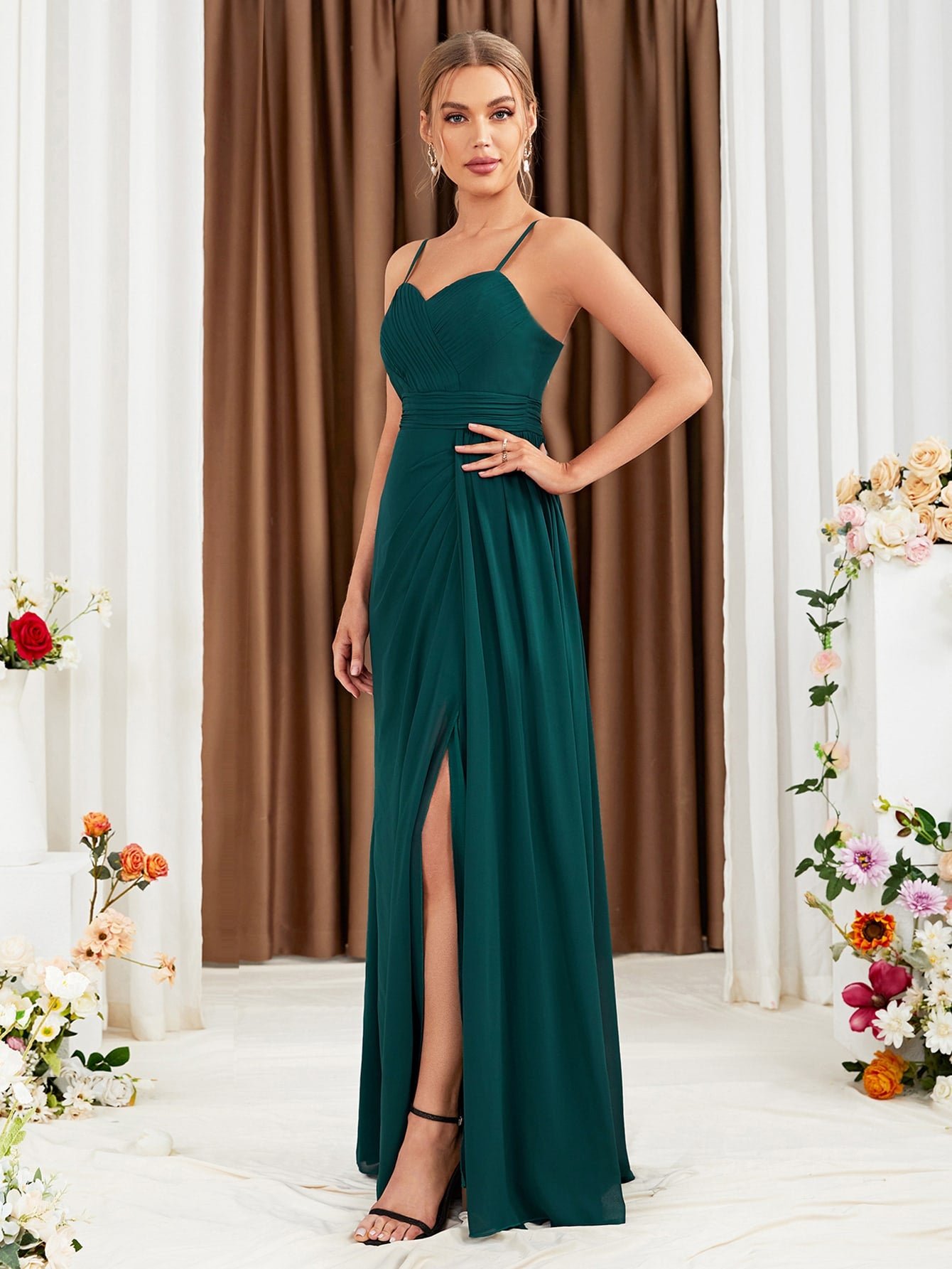 Ruched Split Thigh Chiffon Bridesmaid Dress