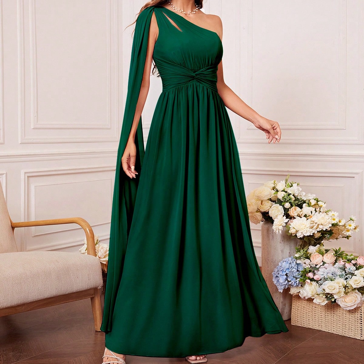 One Shoulder Cut Out Twist Front Bridesmaid Dress