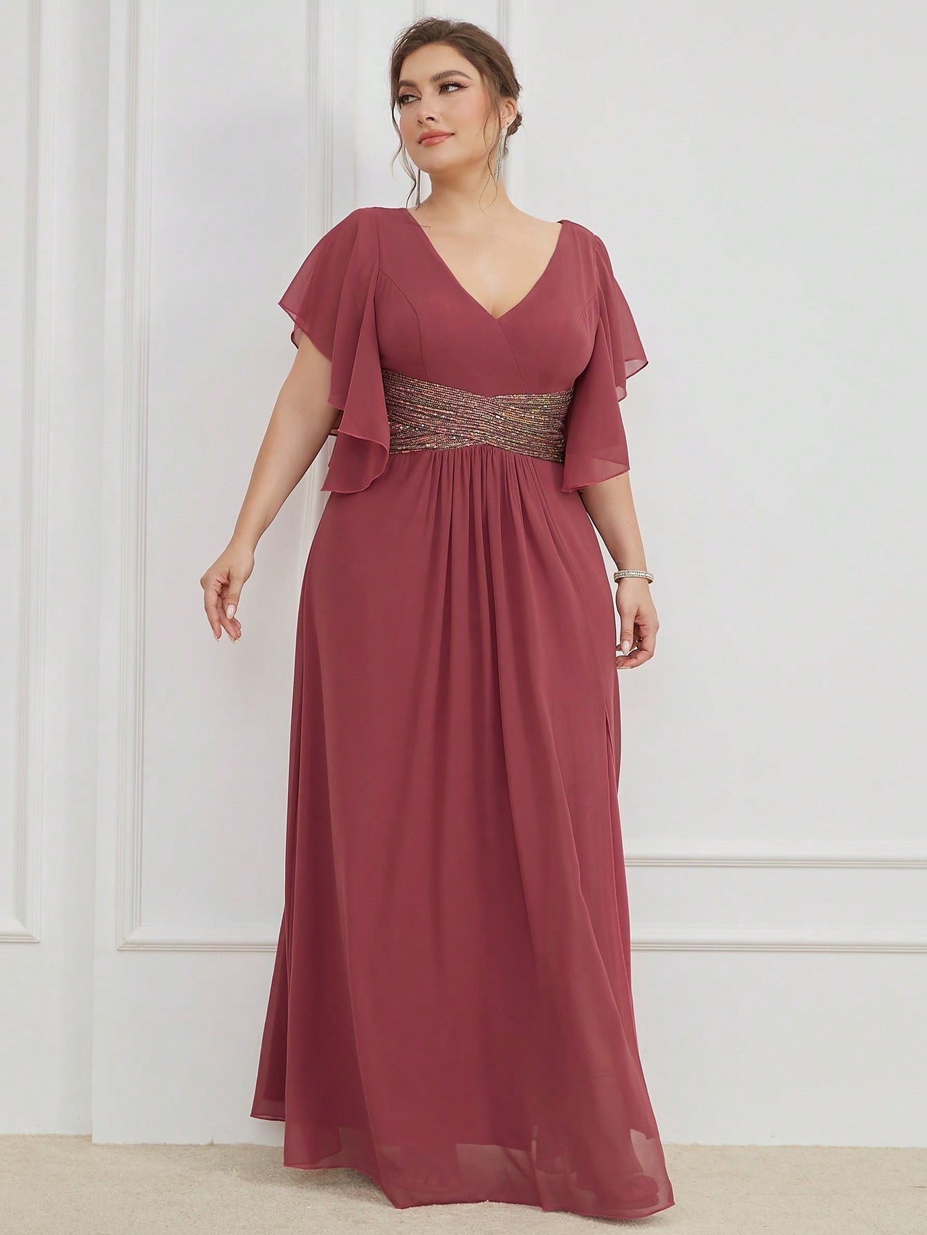 LUNE Plus Contrast Sequin Butterfly Sleeve Split Thigh Chiffon Bridesmaid Dress