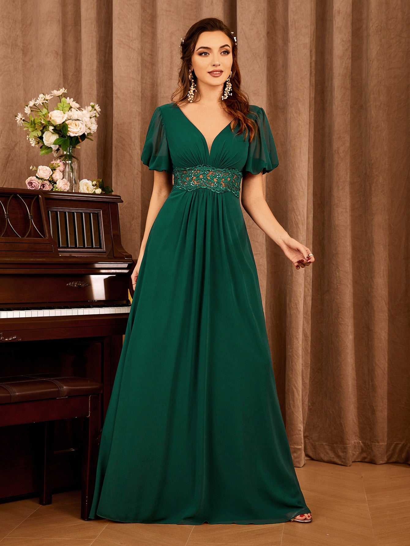 Contrast Lace Bishop Sleeve Bridesmaid Dress