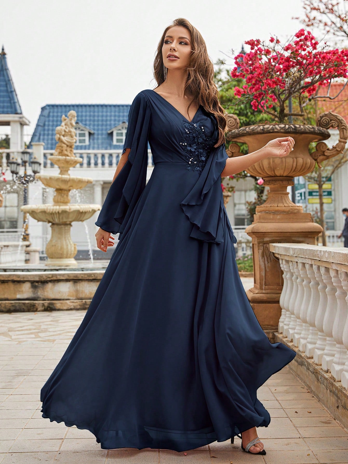 Pearls Detail Butterfly Sleeve Chiffon Bridesmaid Dress