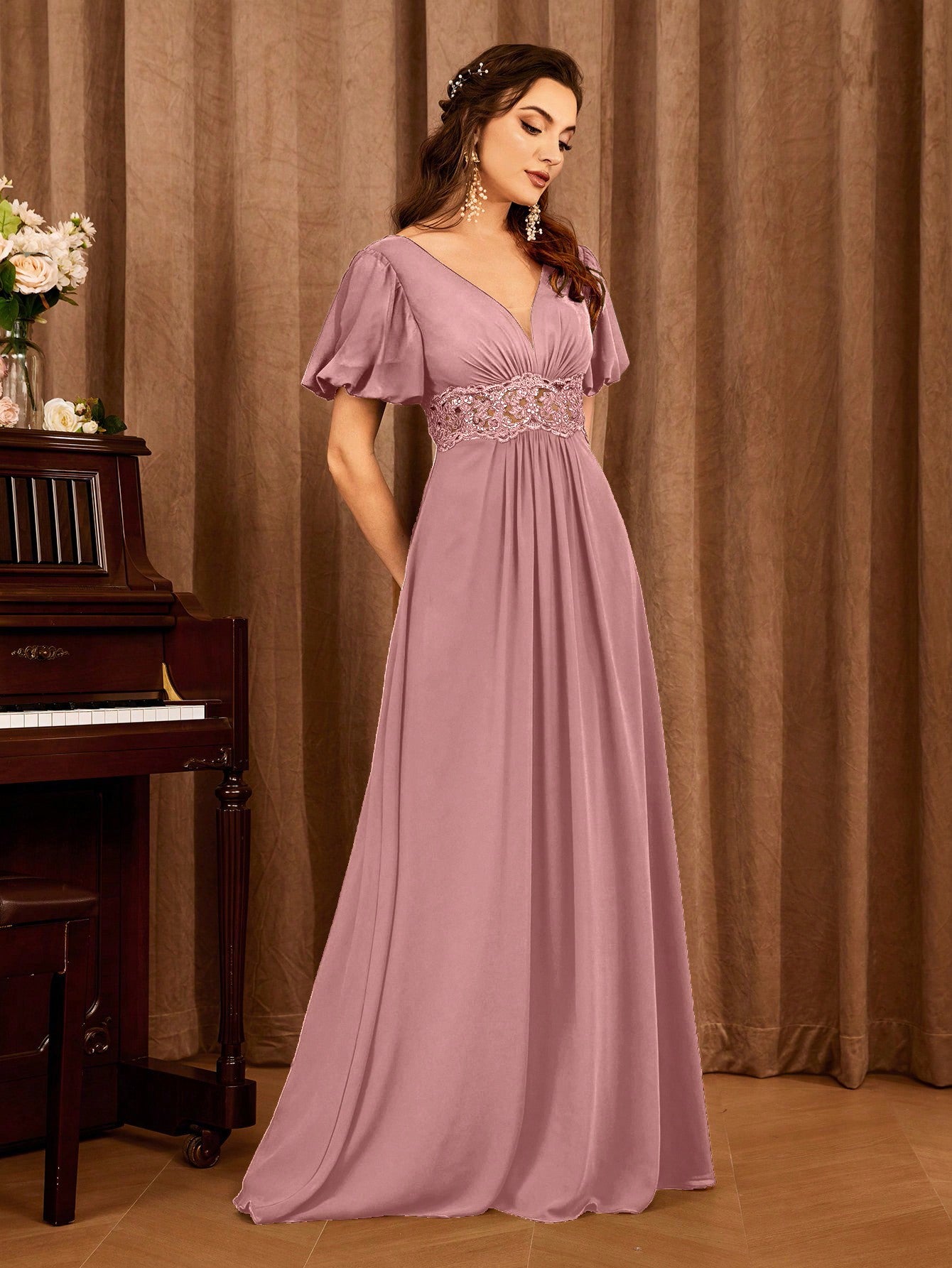 Contrast Lace Bishop Sleeve Bridesmaid Dress