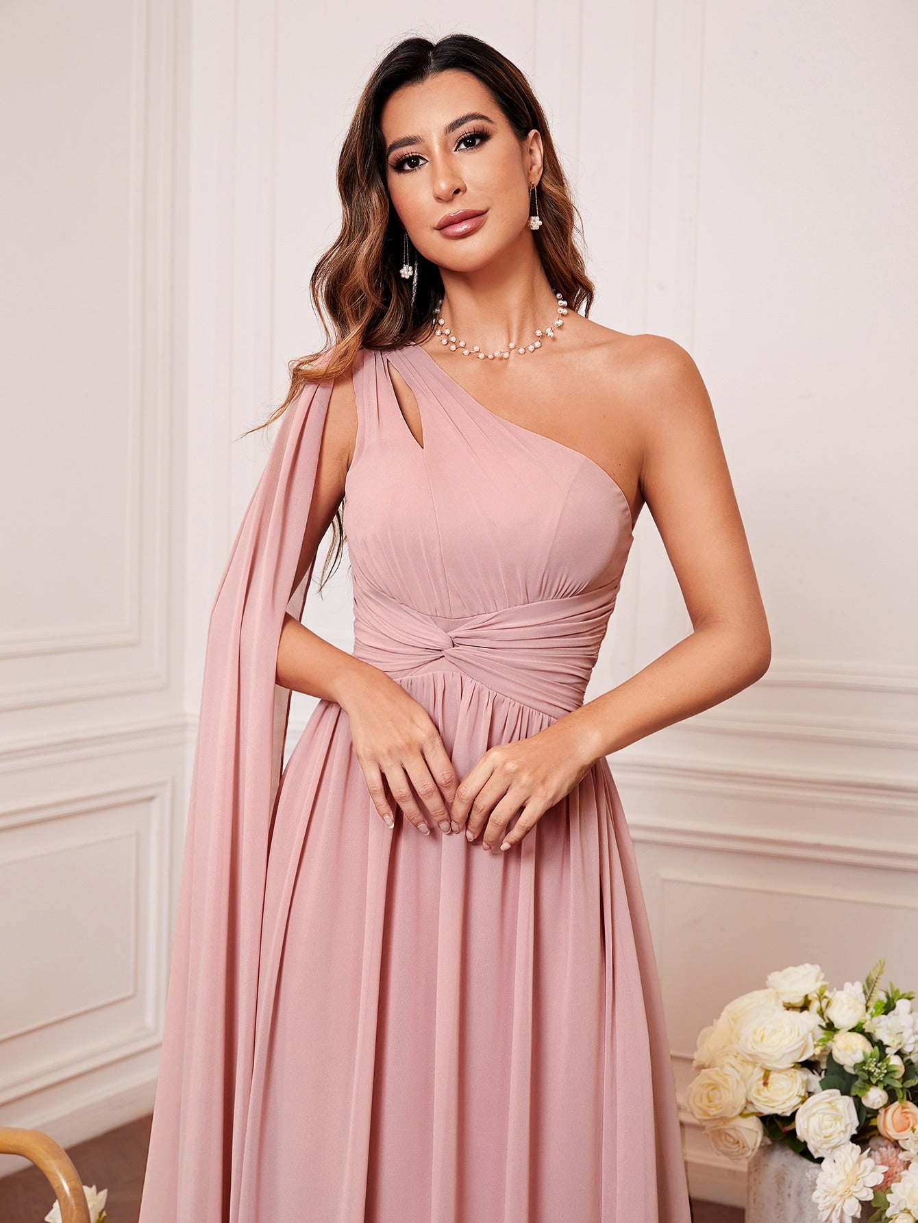 One Shoulder Cut Out Twist Front Bridesmaid Dress