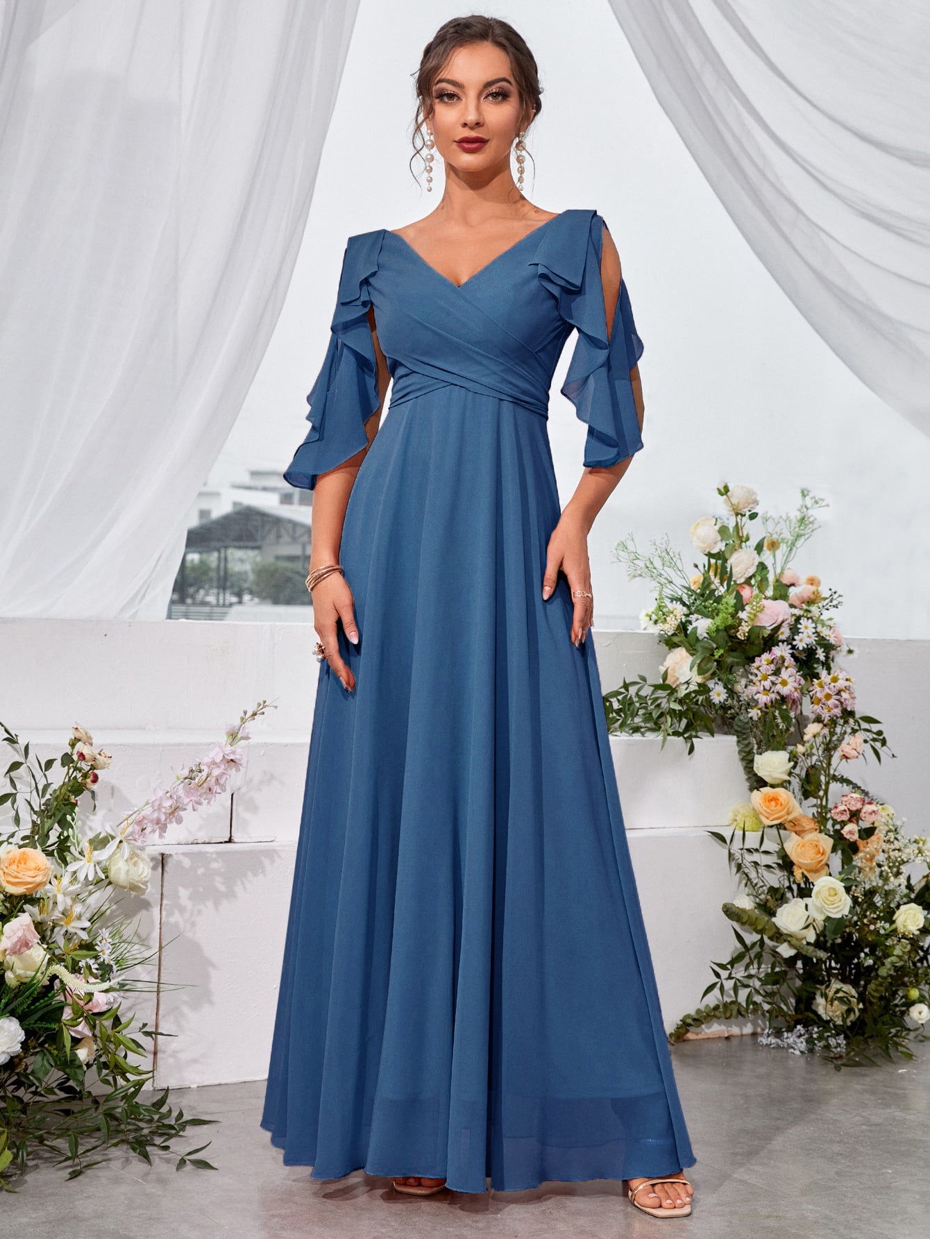 Ruffle Trim Cold Shoulder Tie Back Chiffon Maxi Bridesmaid Dress
