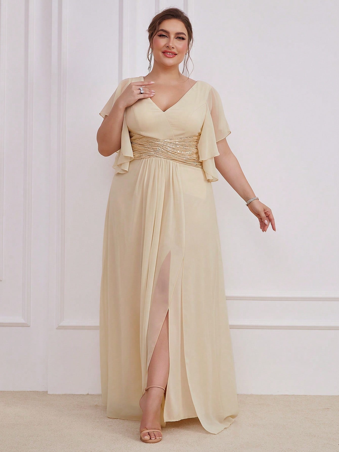 LUNE Plus Contrast Sequin Butterfly Sleeve Split Thigh Chiffon Bridesmaid Dress