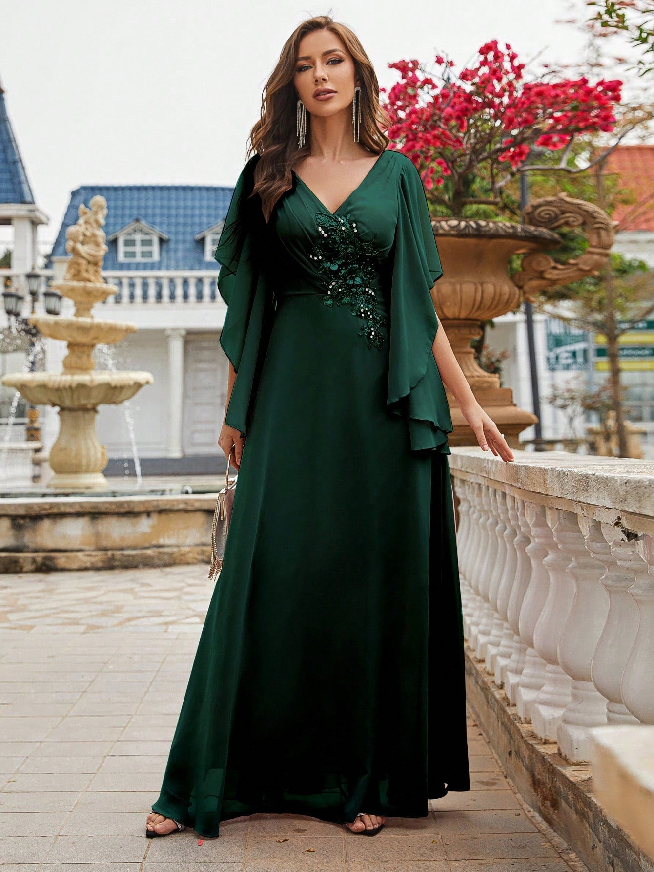 Pearls Detail Butterfly Sleeve Chiffon Bridesmaid Dress