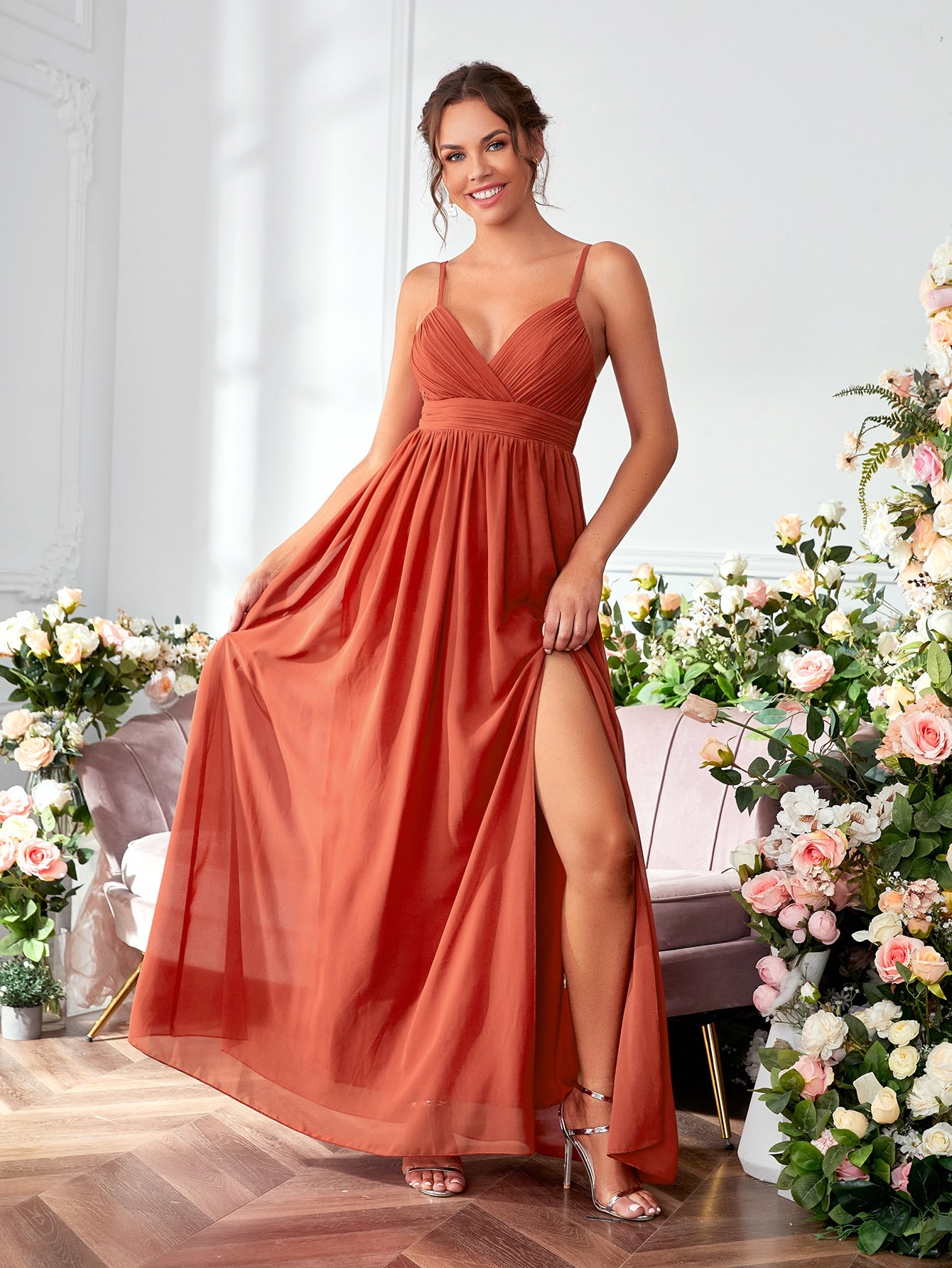 Ruched Split Thigh Chiffon Bridesmaid Dress