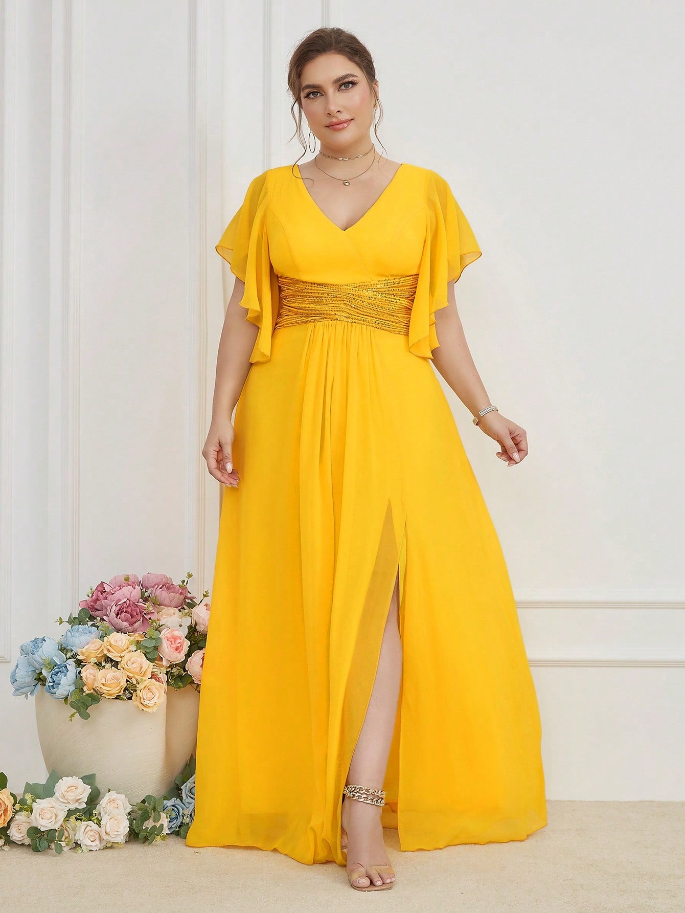 LUNE Plus Contrast Sequin Butterfly Sleeve Split Thigh Chiffon Bridesmaid Dress