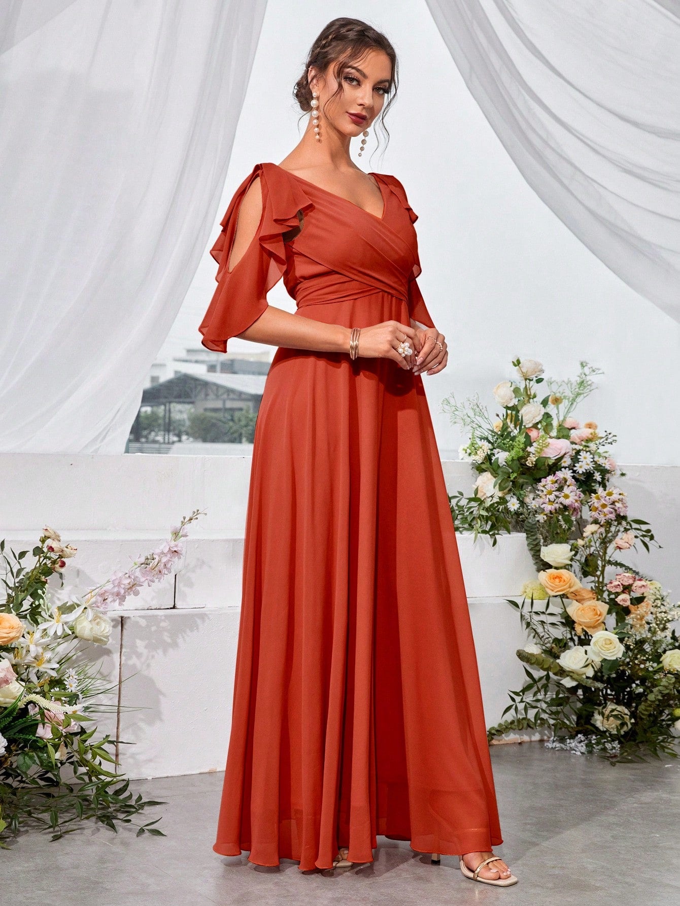 Ruffle Trim Cold Shoulder Tie Back Chiffon Maxi Bridesmaid Dress