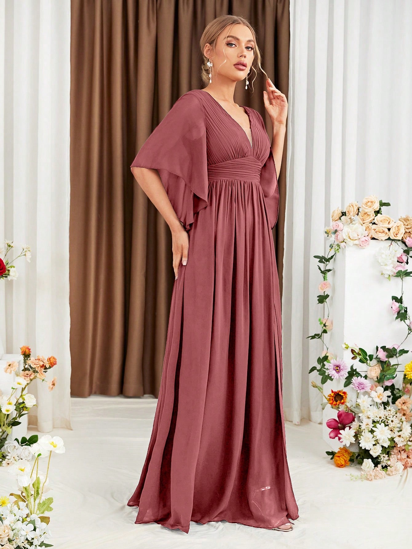 Butterfly Sleeve Popover Split Thigh Chiffon Bridesmaid Dress