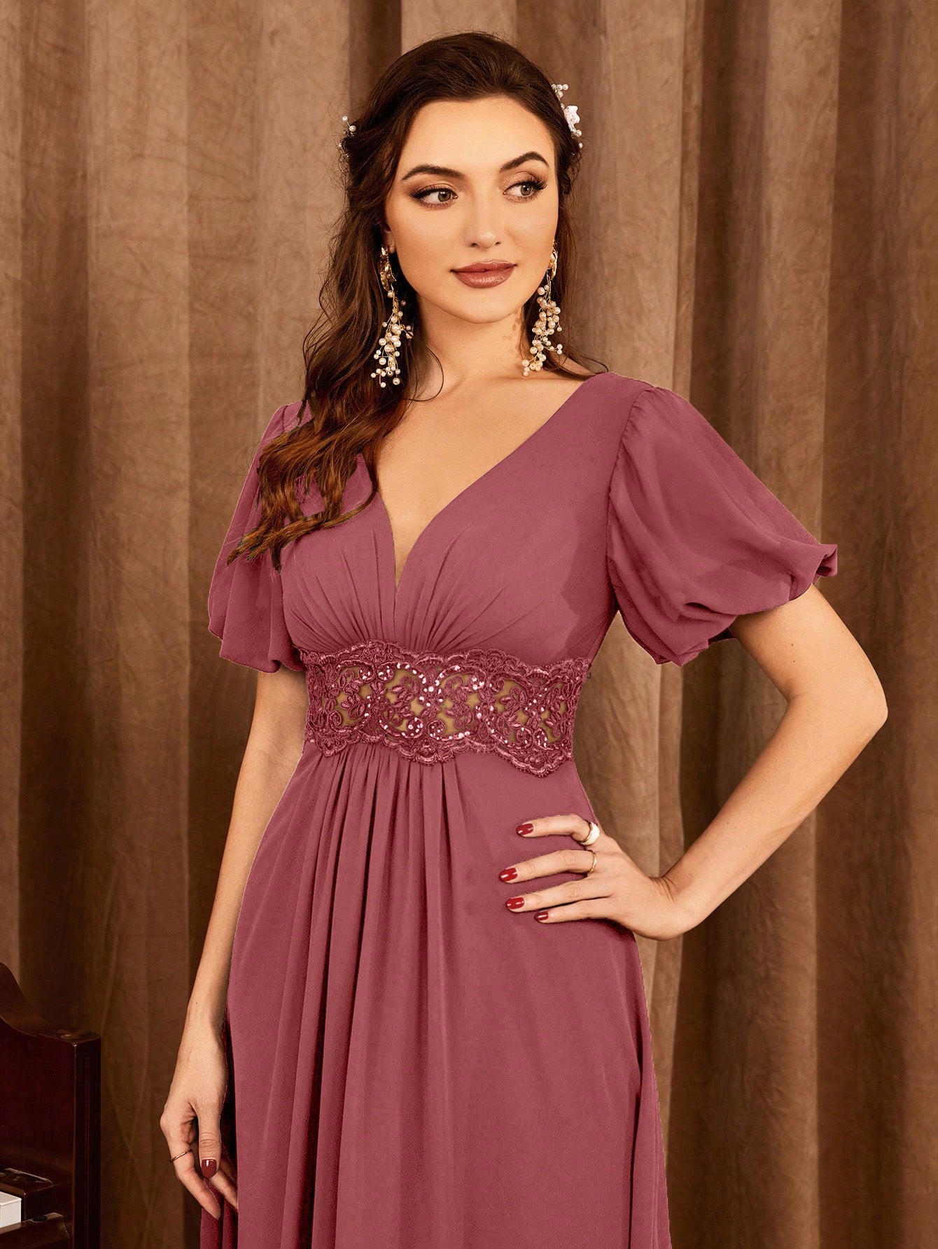Contrast Lace Bishop Sleeve Bridesmaid Dress