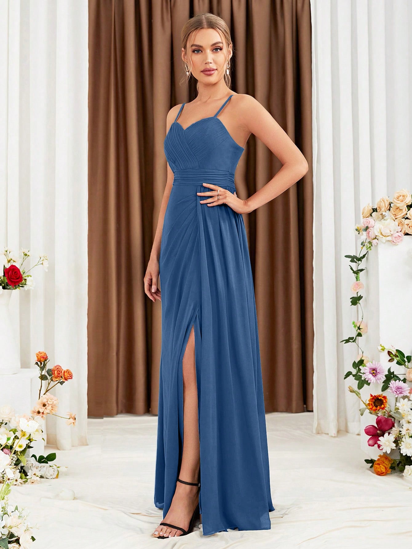 Ruched Split Thigh Chiffon Bridesmaid Dress