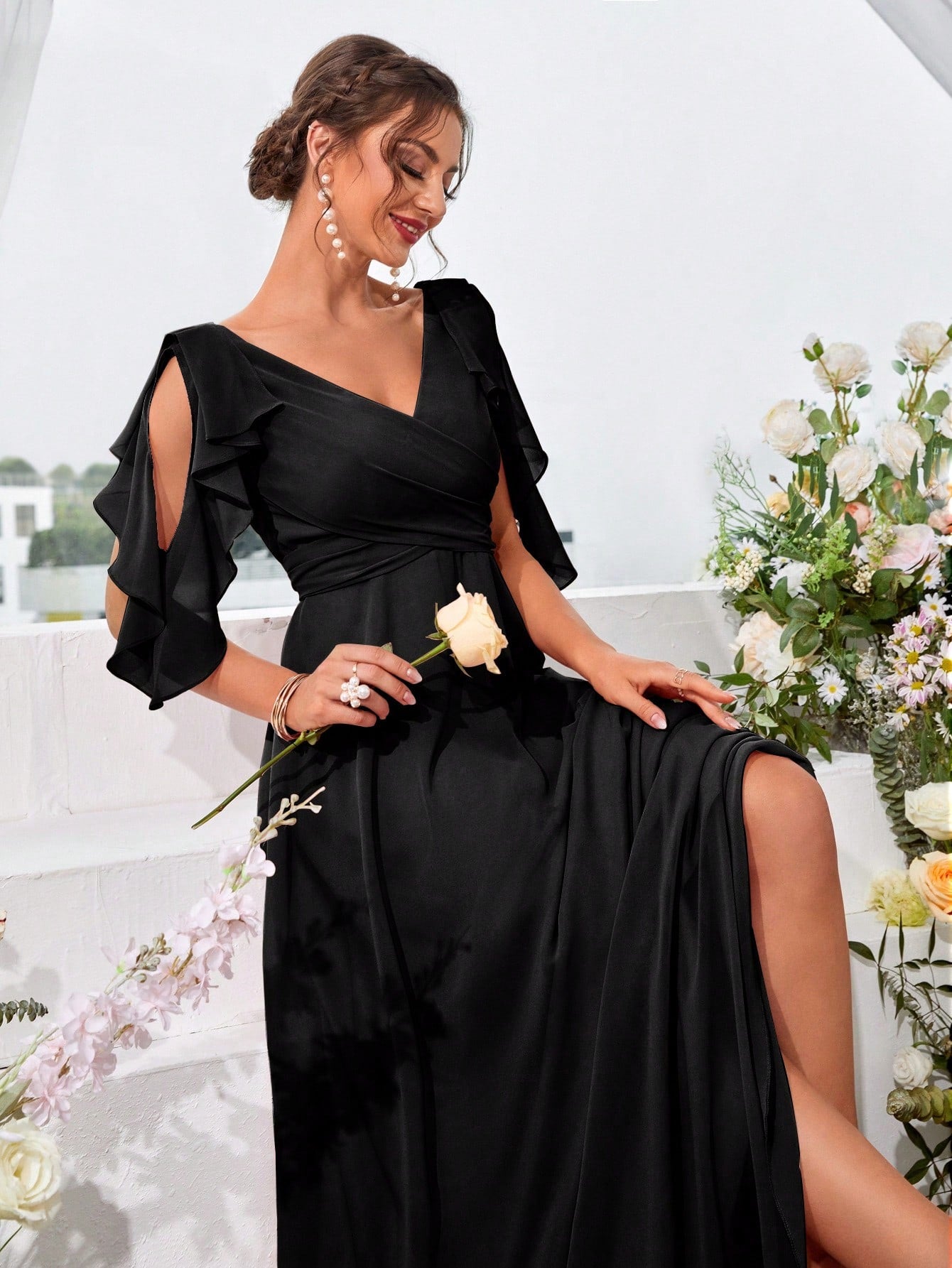 Ruffle Trim Cold Shoulder Tie Back Chiffon Maxi Bridesmaid Dress