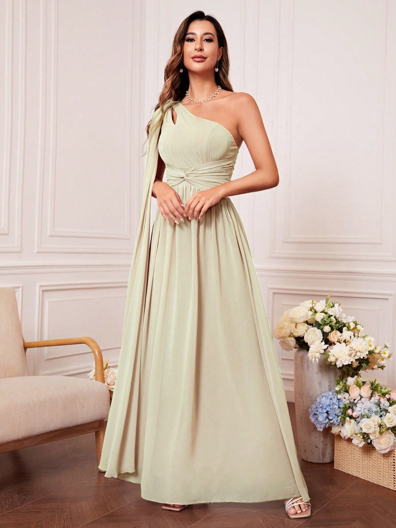 One Shoulder Cut Out Twist Front Bridesmaid Dress