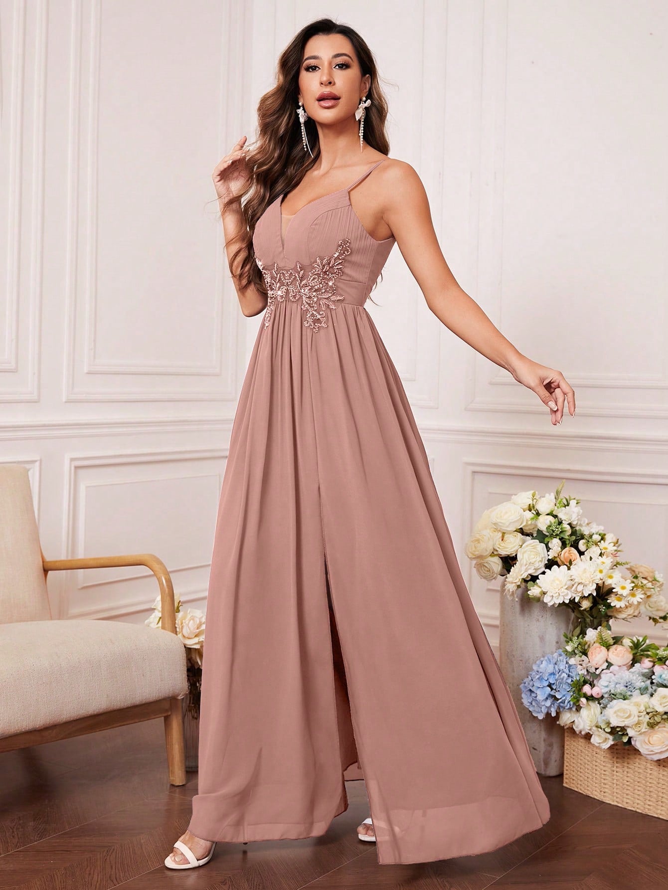 Solid Rhinestone Detail Split Thigh Chiffon Bridesmaid Dress