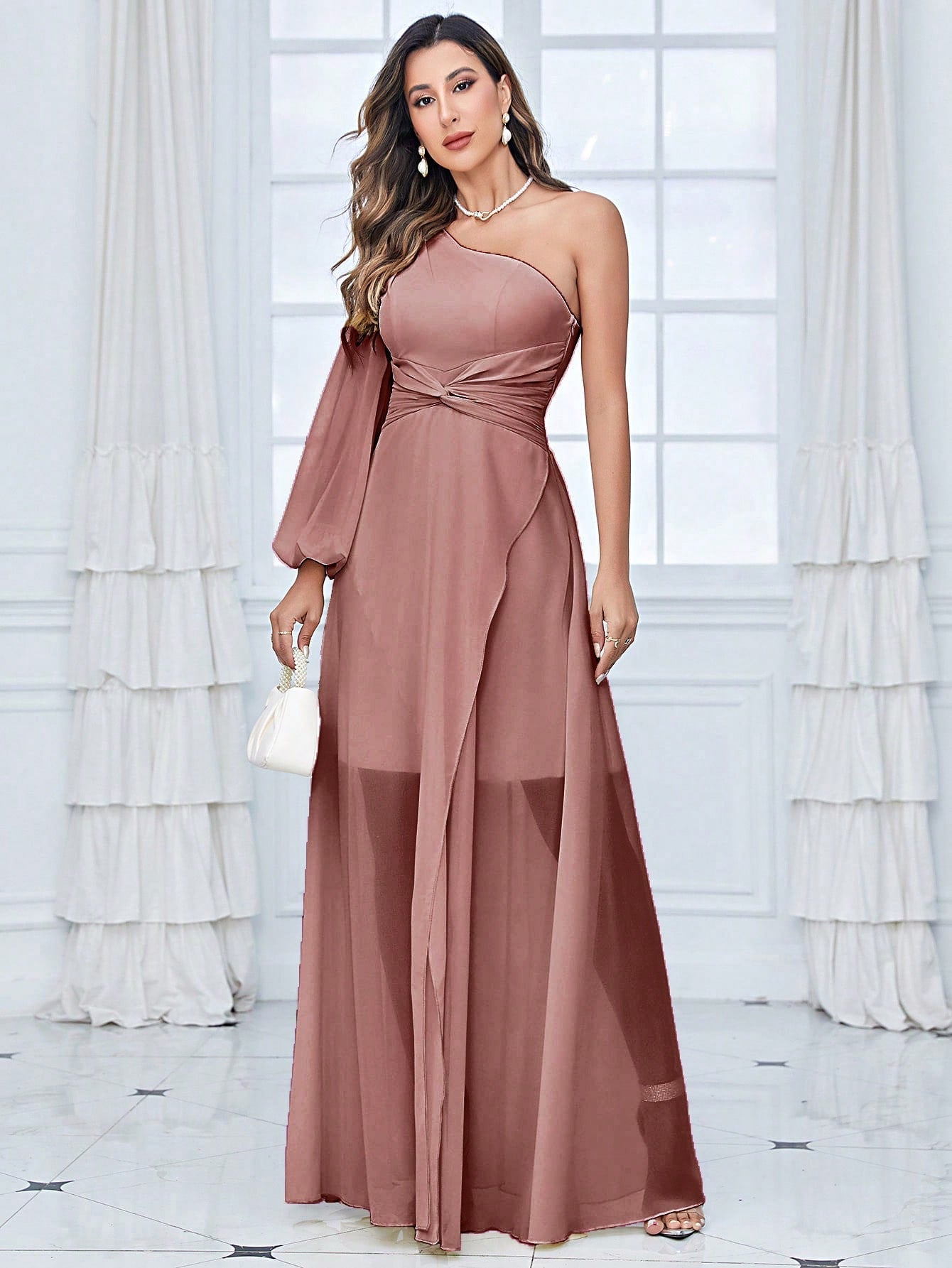 One Shoulder Lantern Sleeve Twist Front Split Thigh Chiffon Bridesmaid Dress