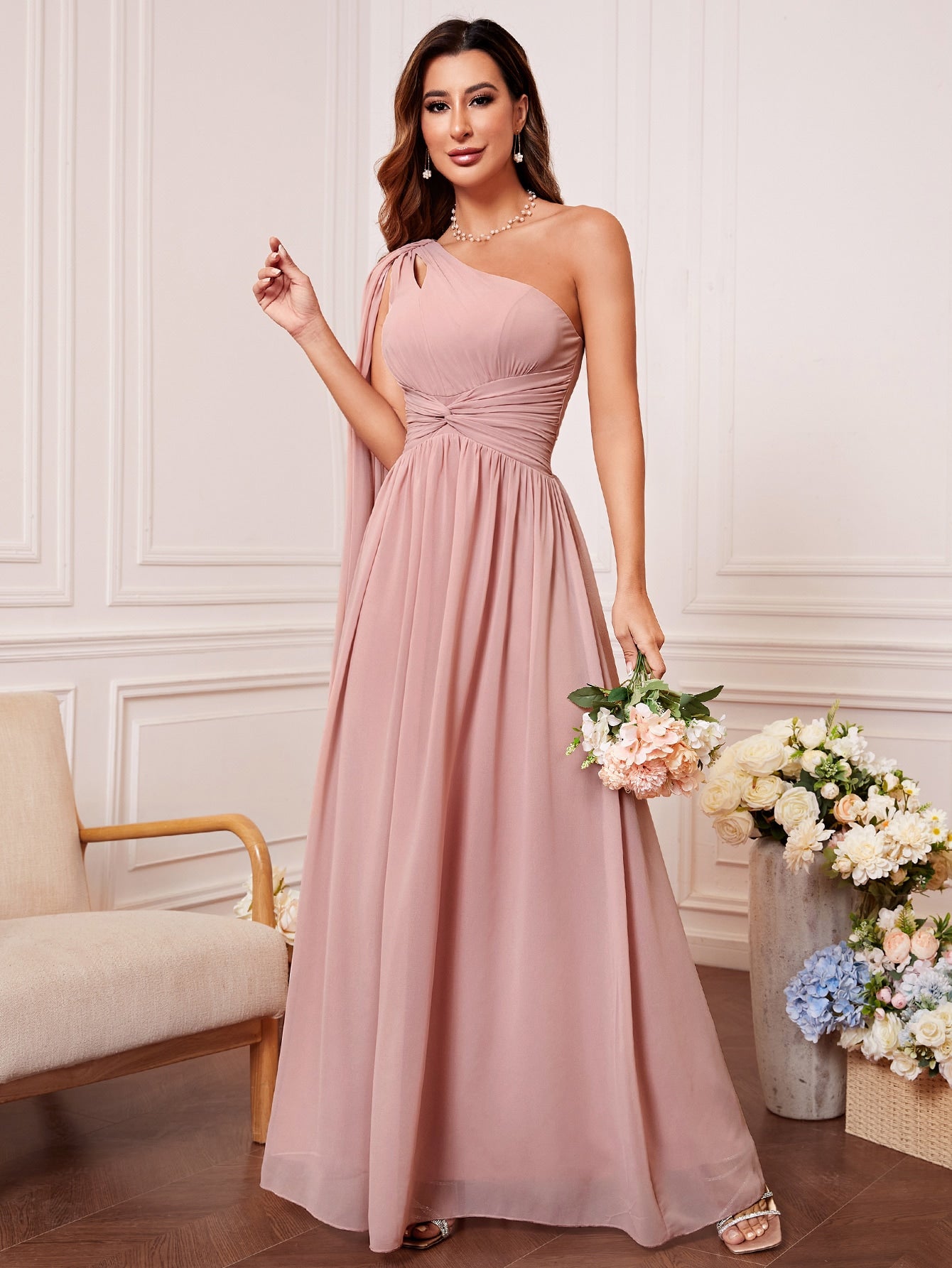 One Shoulder Cut Out Twist Front Bridesmaid Dress