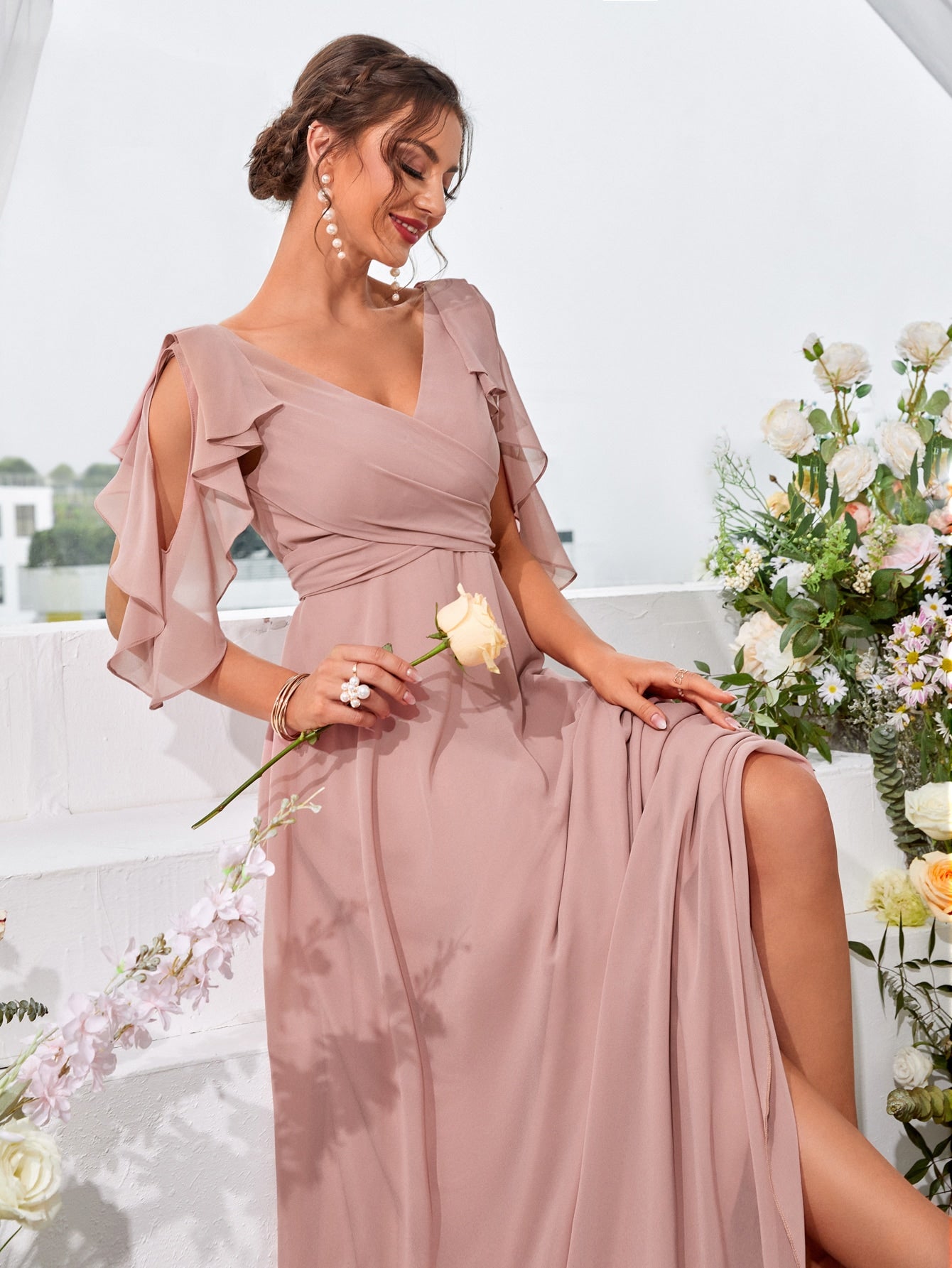 Ruffle Trim Cold Shoulder Tie Back Chiffon Maxi Bridesmaid Dress