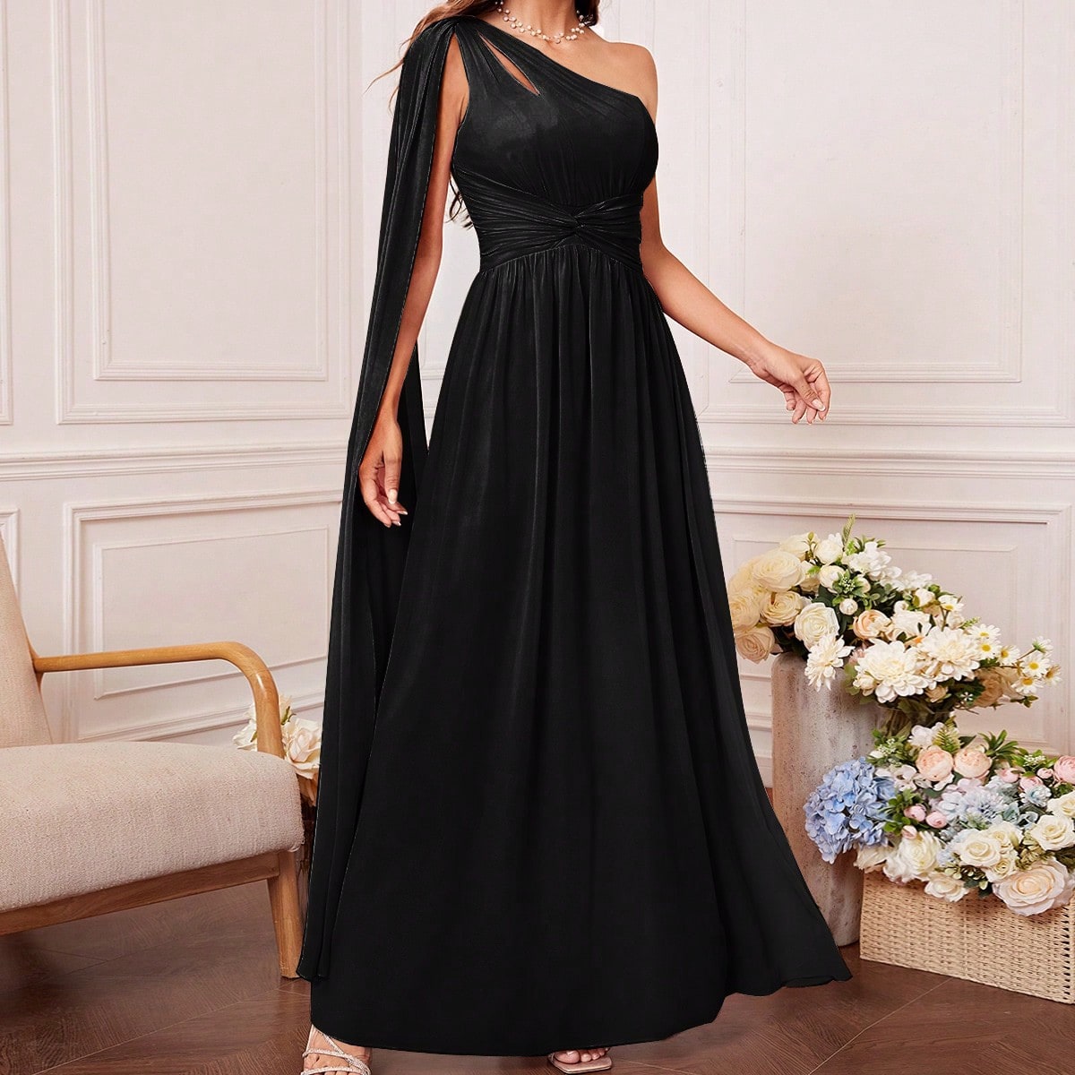 One Shoulder Cut Out Twist Front Bridesmaid Dress