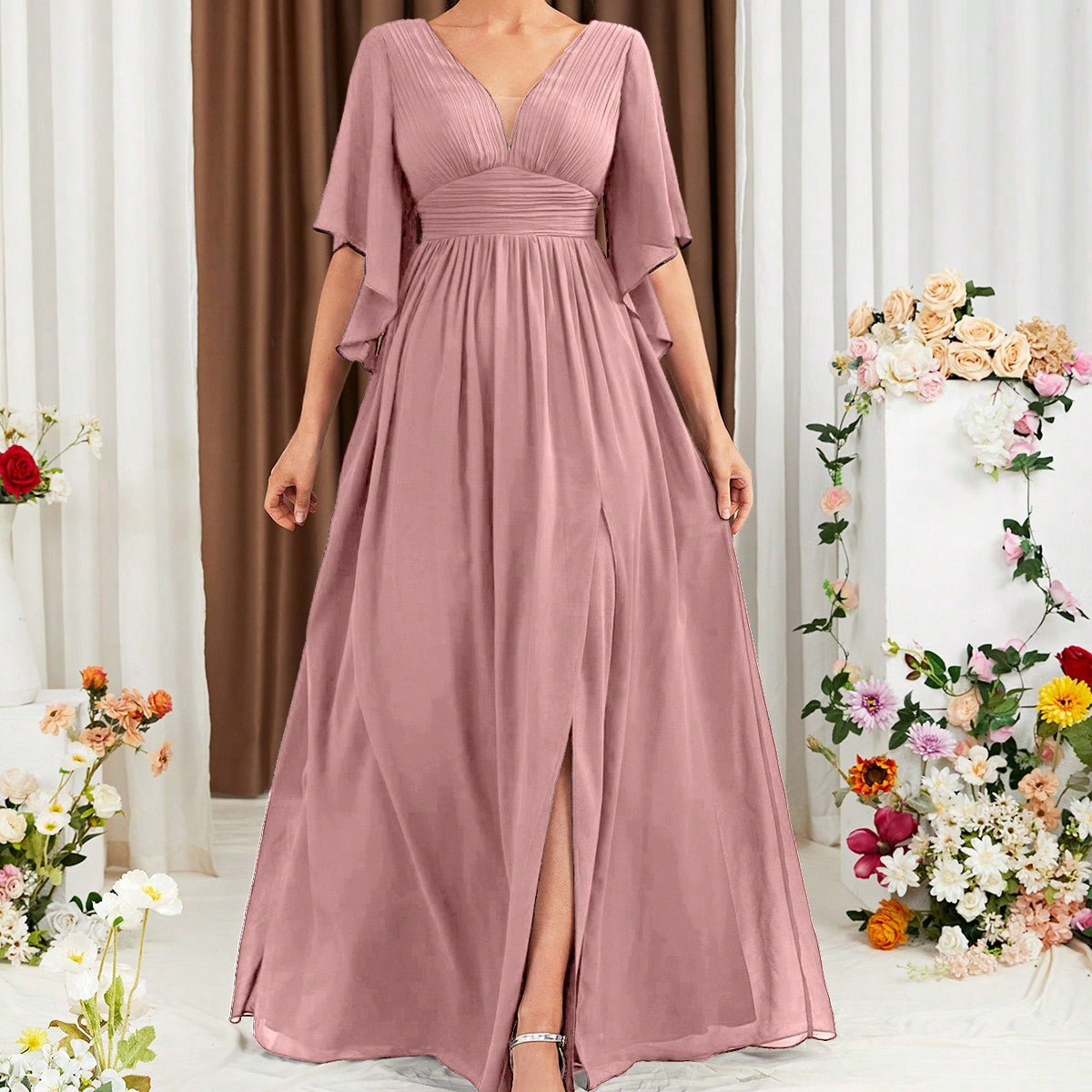 Butterfly Sleeve Popover Split Thigh Chiffon Bridesmaid Dress