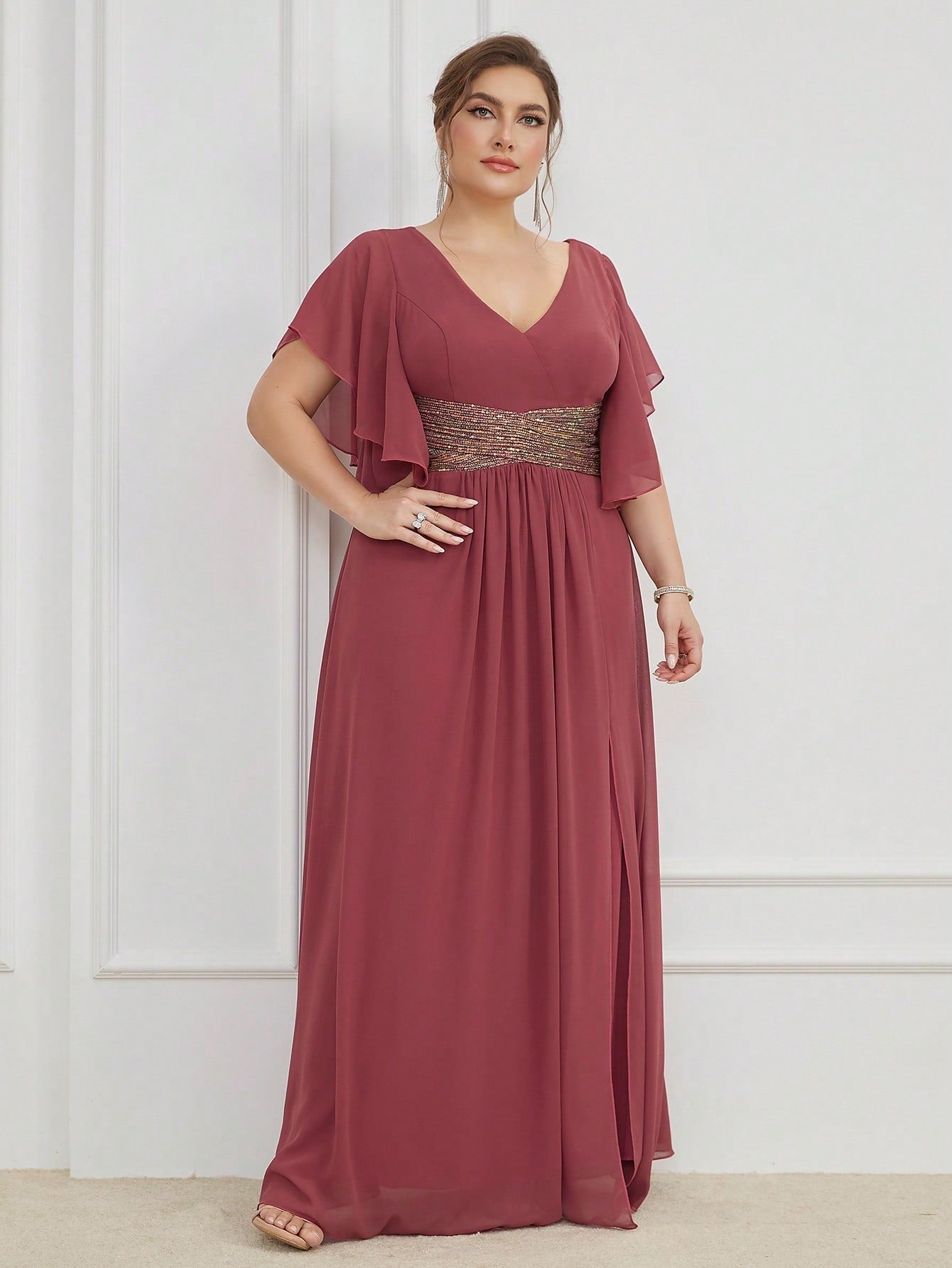LUNE Plus Contrast Sequin Butterfly Sleeve Split Thigh Chiffon Bridesmaid Dress