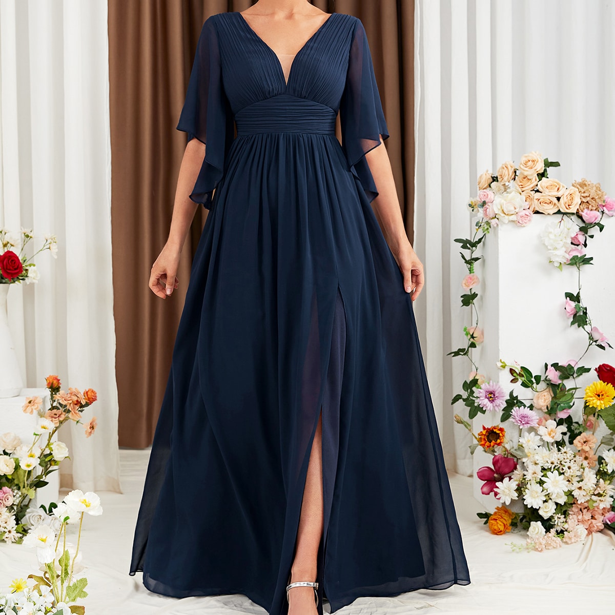 Butterfly Sleeve Popover Split Thigh Chiffon Bridesmaid Dress