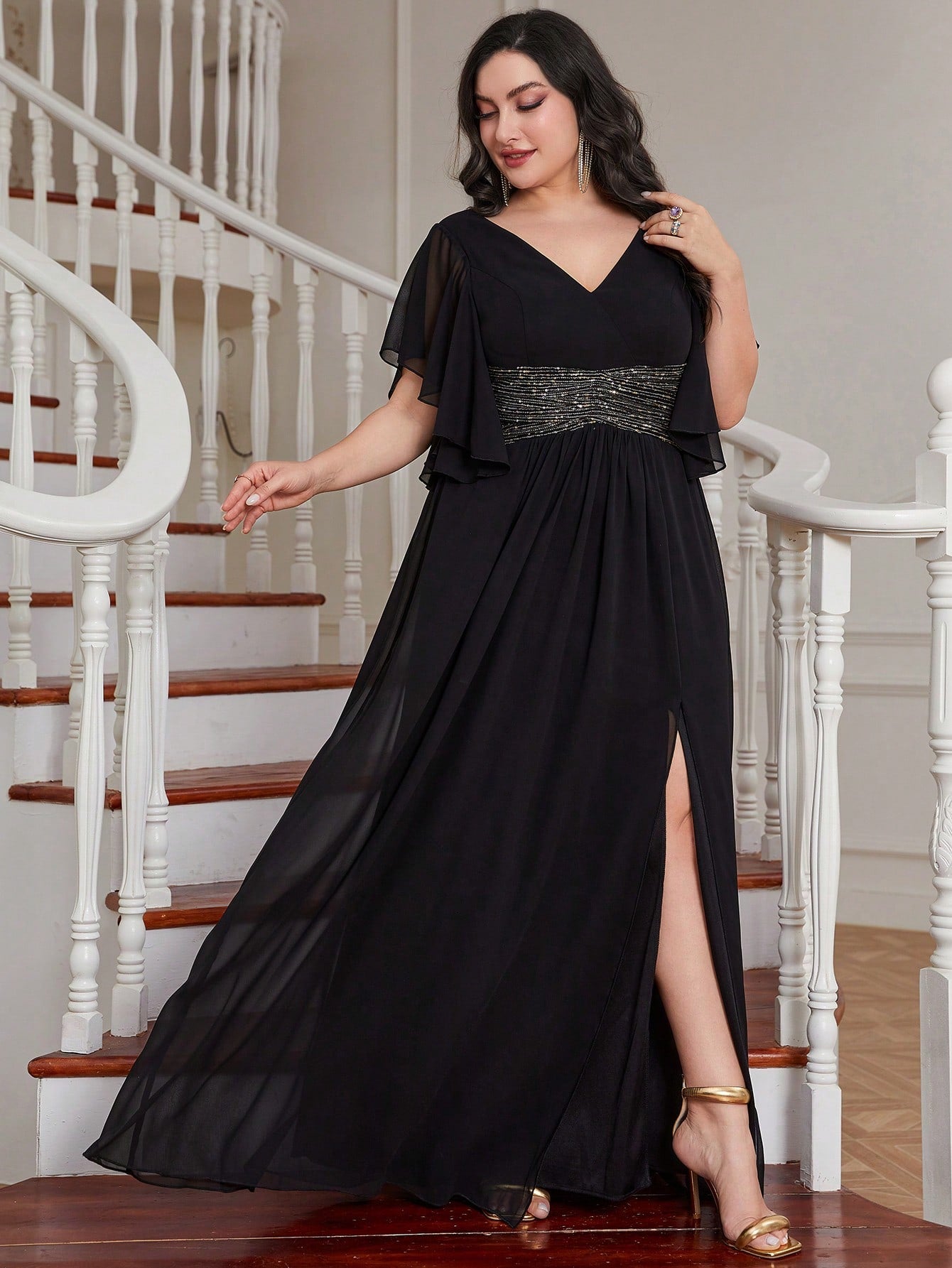 LUNE Plus Contrast Sequin Butterfly Sleeve Split Thigh Chiffon Bridesmaid Dress